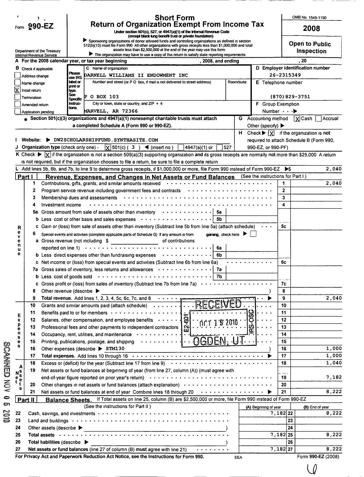 Image of first page of 2008 Form 990EZ for Darnell Williams Ii Endowment