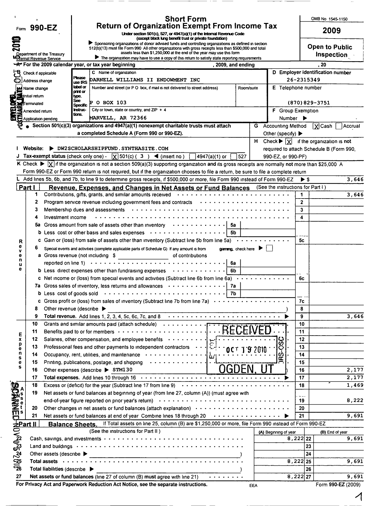 Image of first page of 2009 Form 990EZ for Darnell Williams Ii Endowment