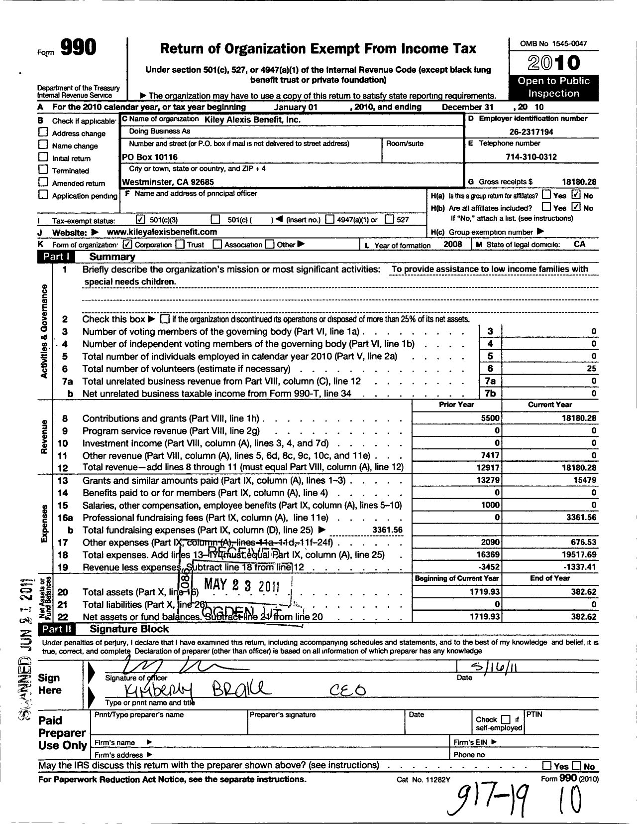 Image of first page of 2010 Form 990 for Kiley Alexis Benefit