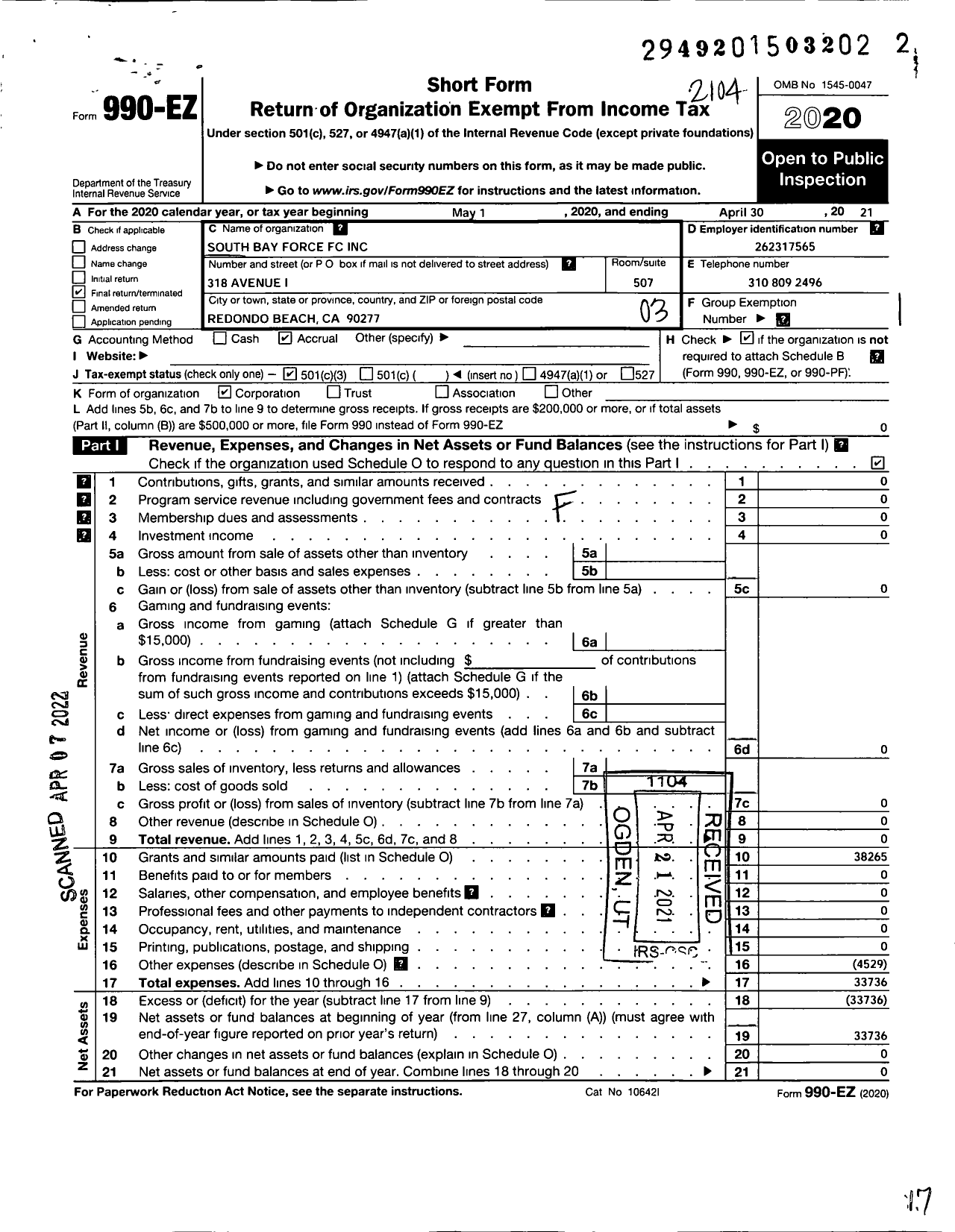 Image of first page of 2020 Form 990EZ for LA Galaxy South Bay