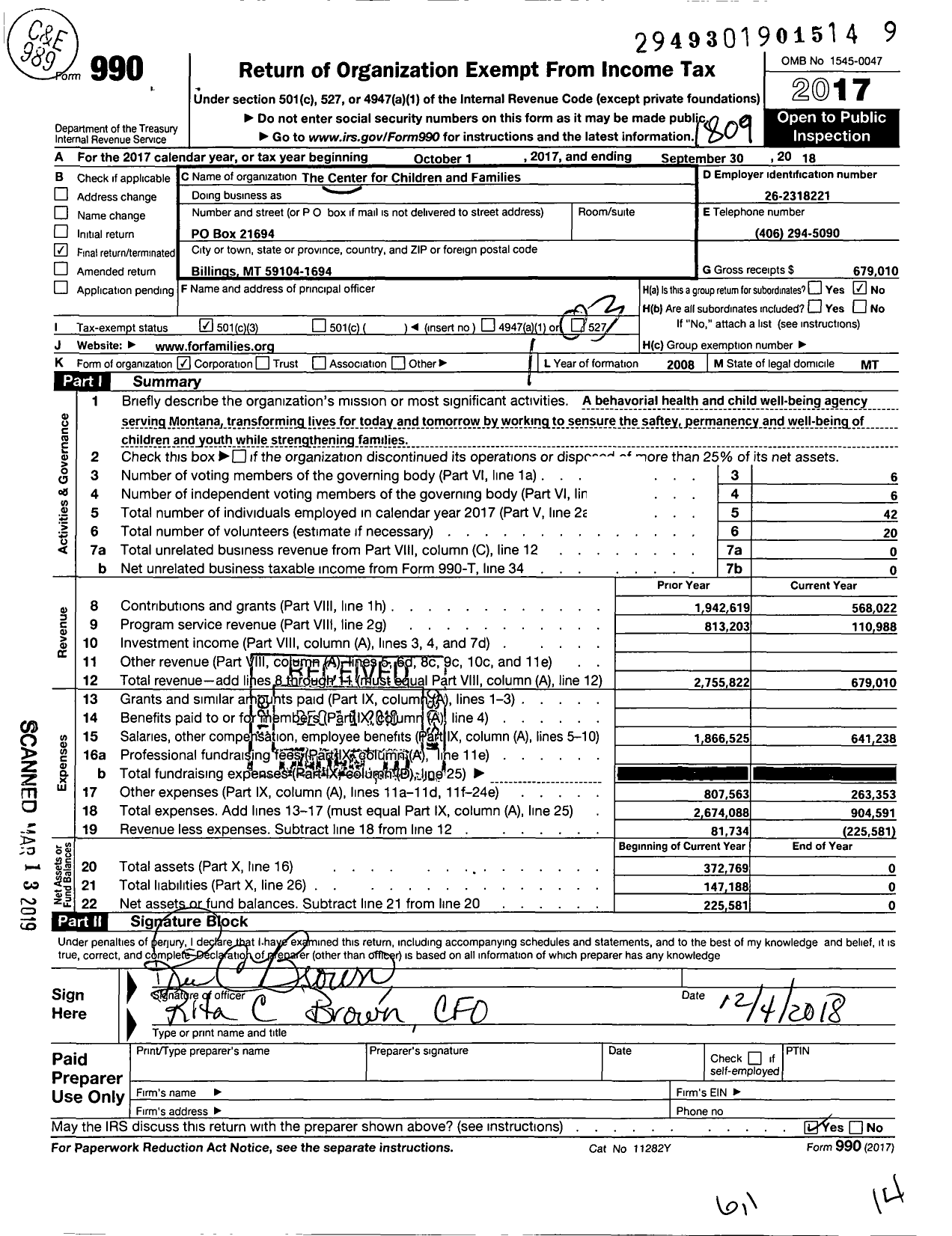 Image of first page of 2017 Form 990 for The Center for Children and Families