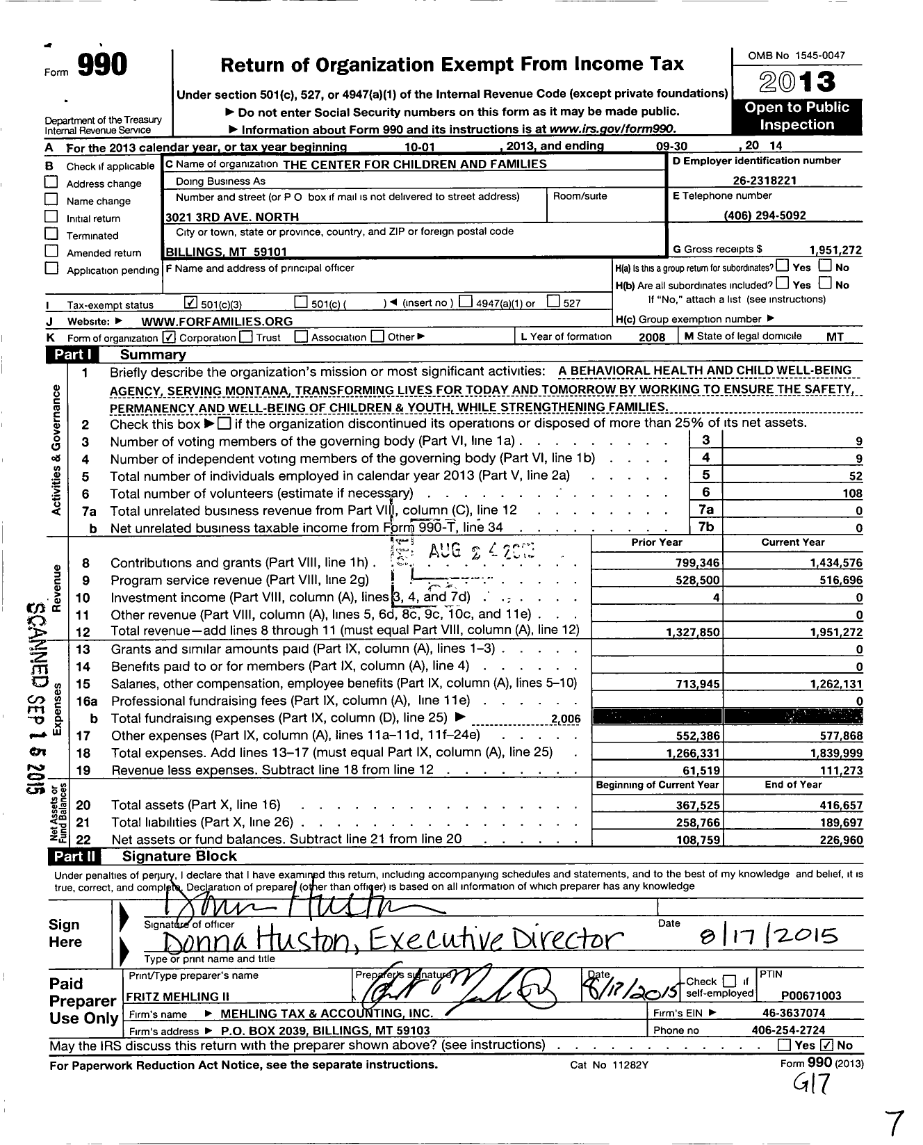 Image of first page of 2013 Form 990 for The Center for Children and Families