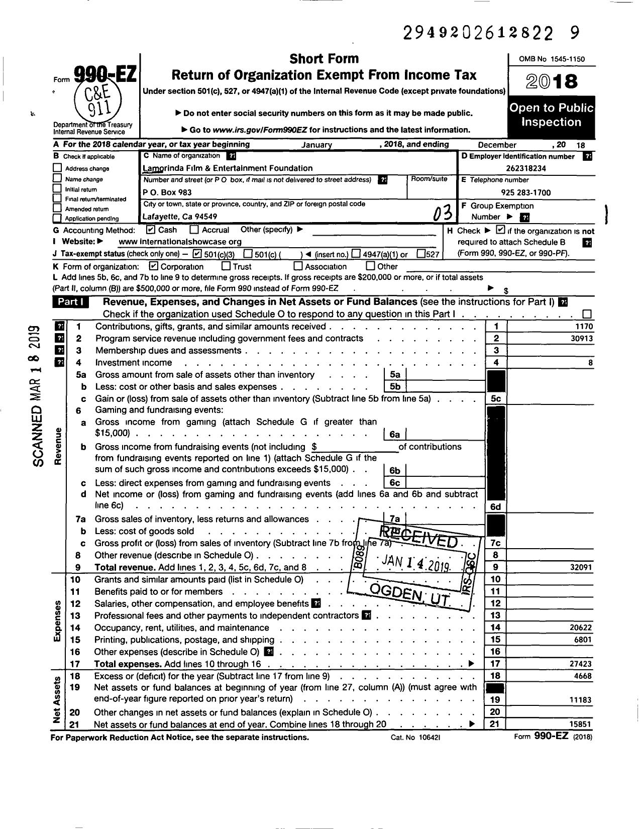 Image of first page of 2018 Form 990EZ for Lamorinda Film and Entertainment Foundation