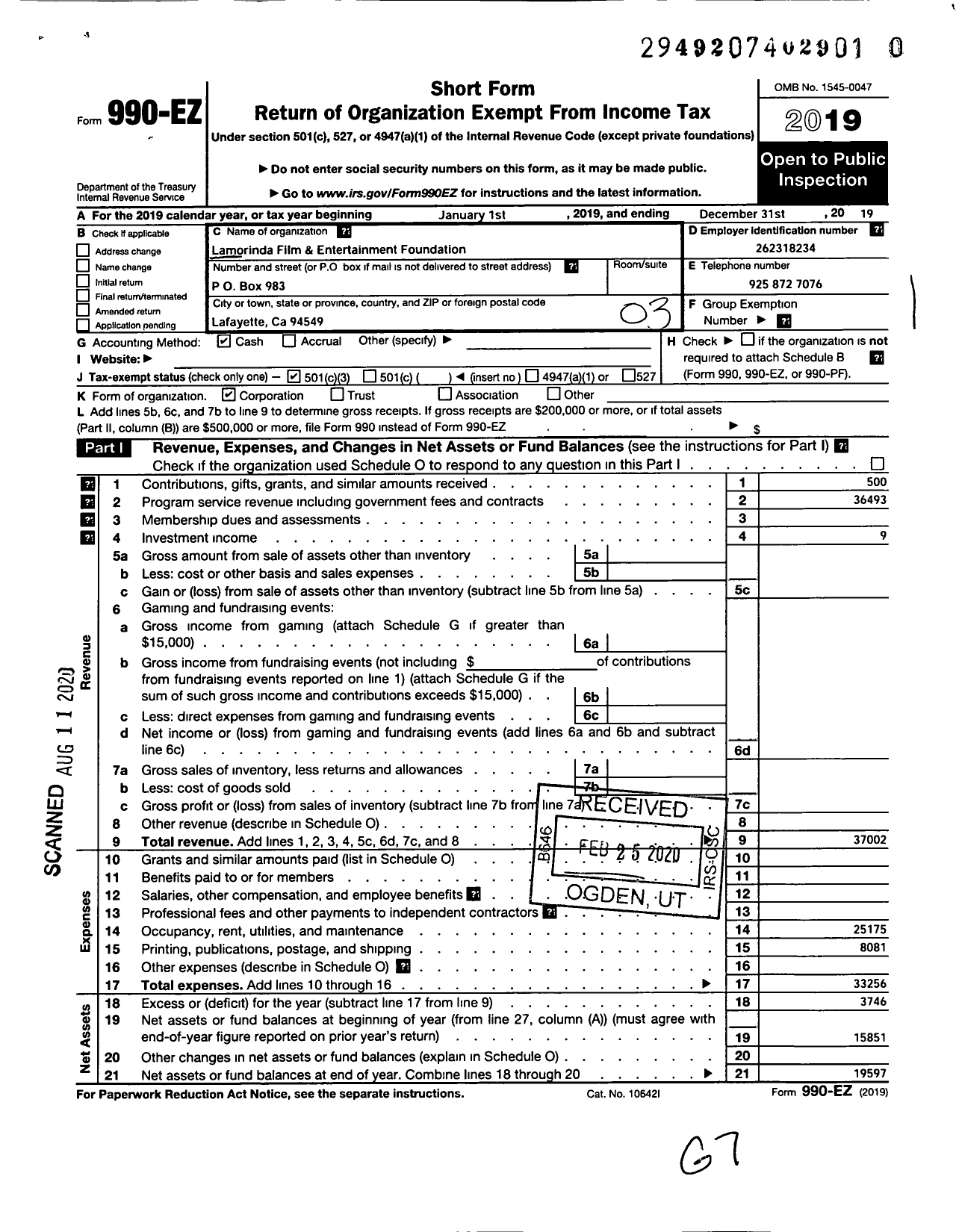 Image of first page of 2019 Form 990EZ for Lamorinda Film and Entertainment Foundation