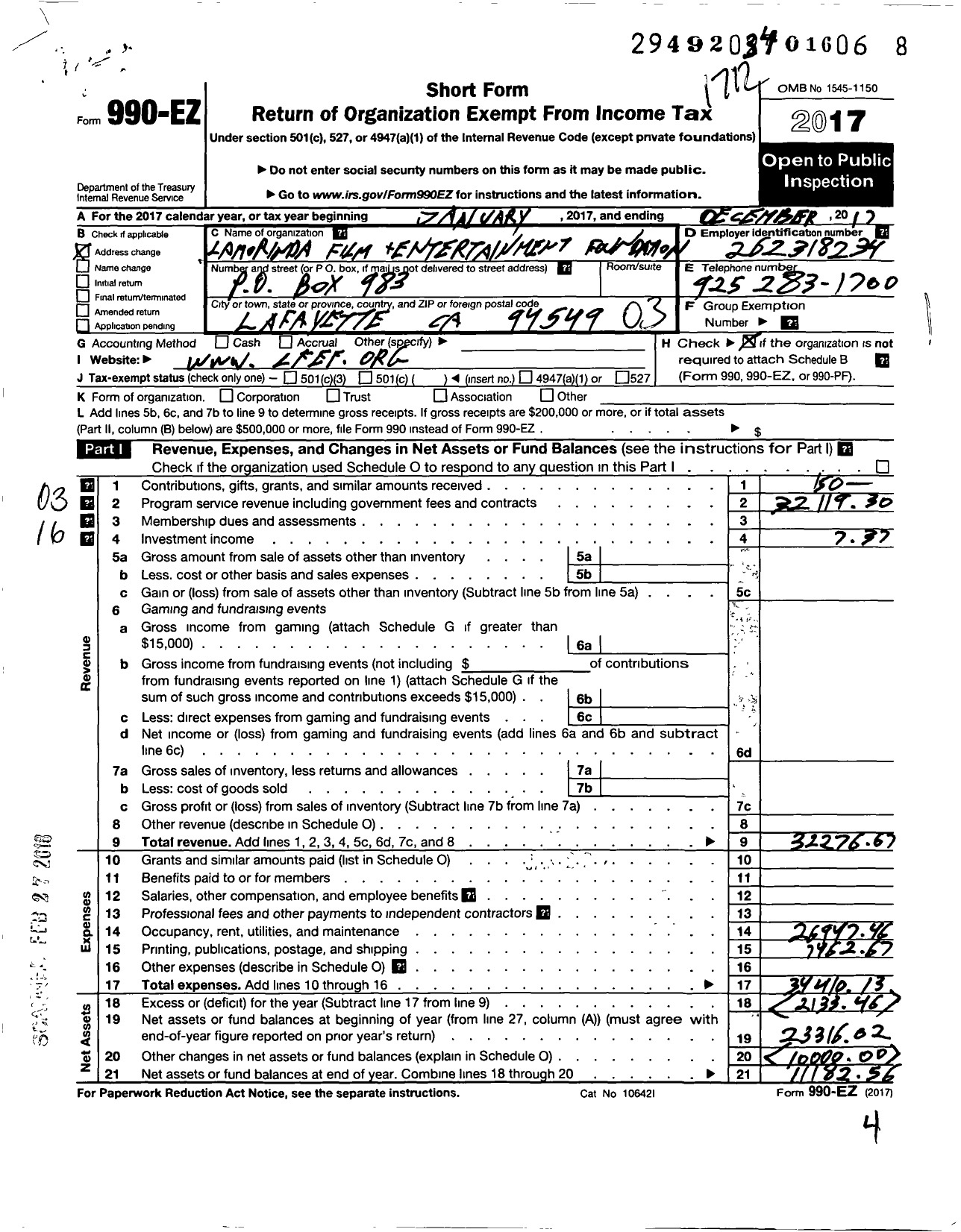 Image of first page of 2017 Form 990EZ for Lamorinda Film and Entertainment Foundation