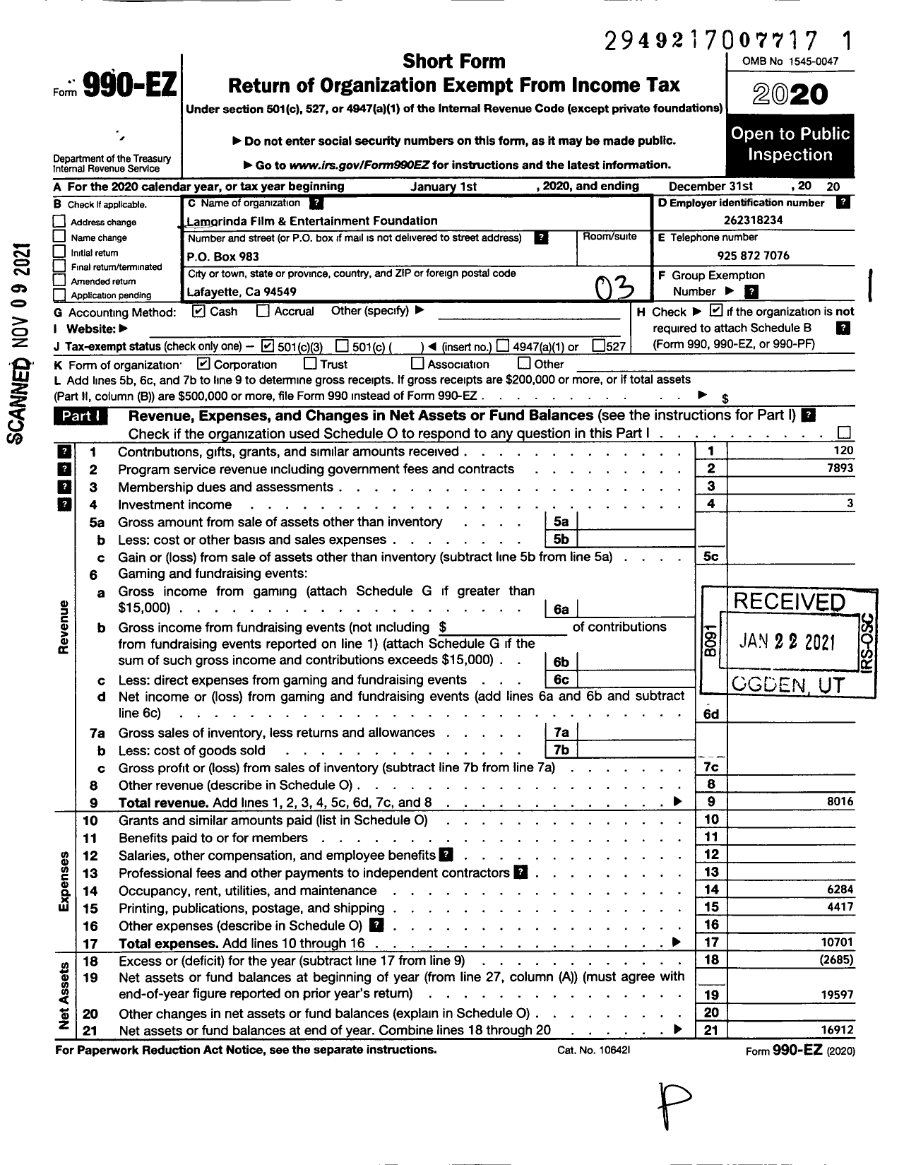 Image of first page of 2020 Form 990EZ for Lamorinda Film and Entertainment Foundation