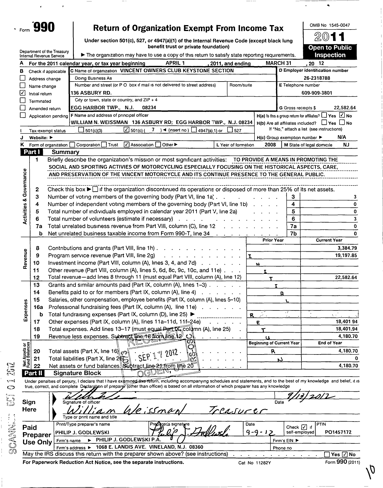 Image of first page of 2011 Form 990O for Vincent Owners Club Keystone Section