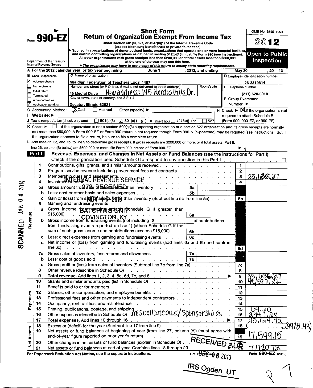 Image of first page of 2012 Form 990EO for American Federation of Teachers - American Federation of Teachers