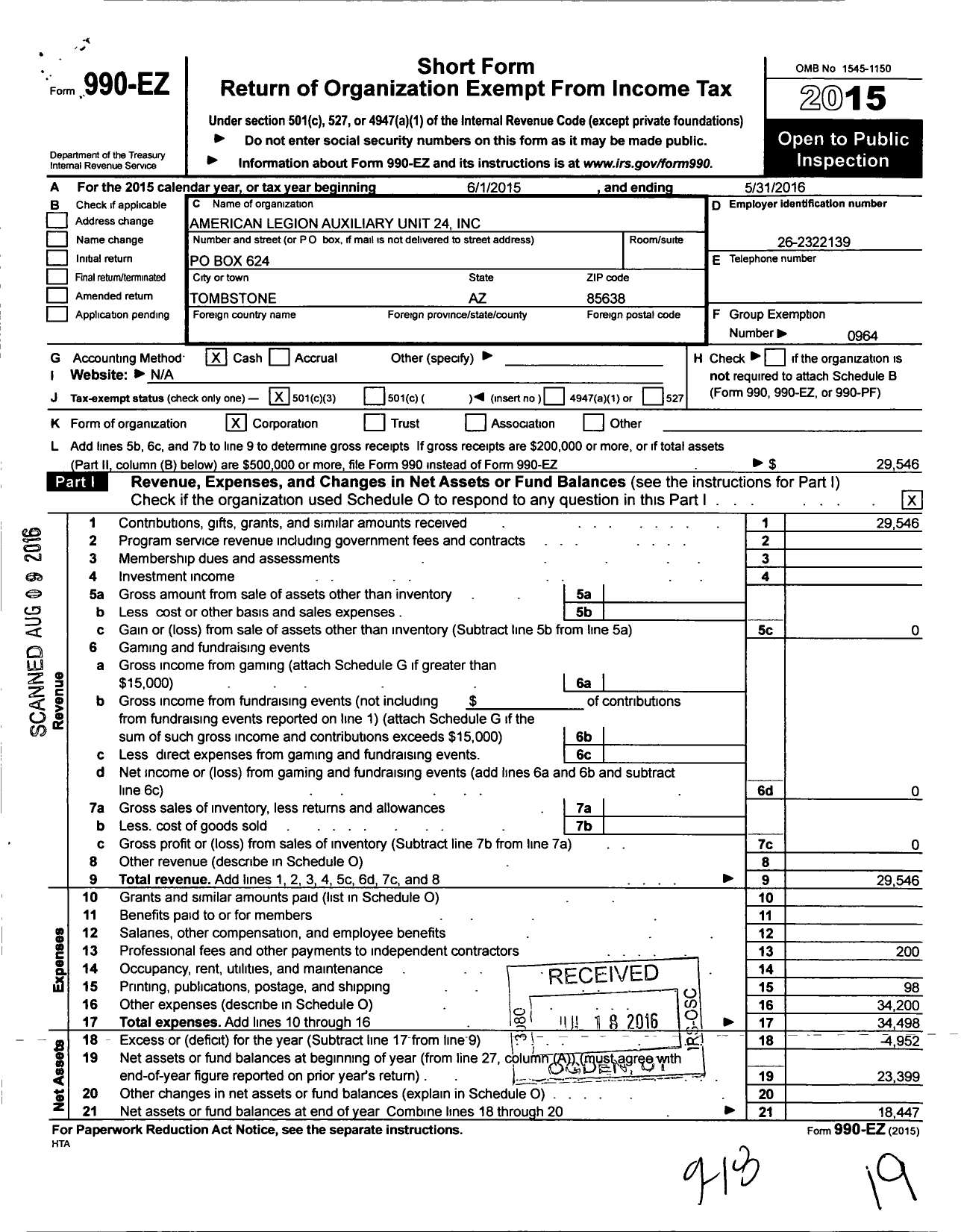 Image of first page of 2015 Form 990EZ for American Legion Auxiliary - 24 Roy Fourr