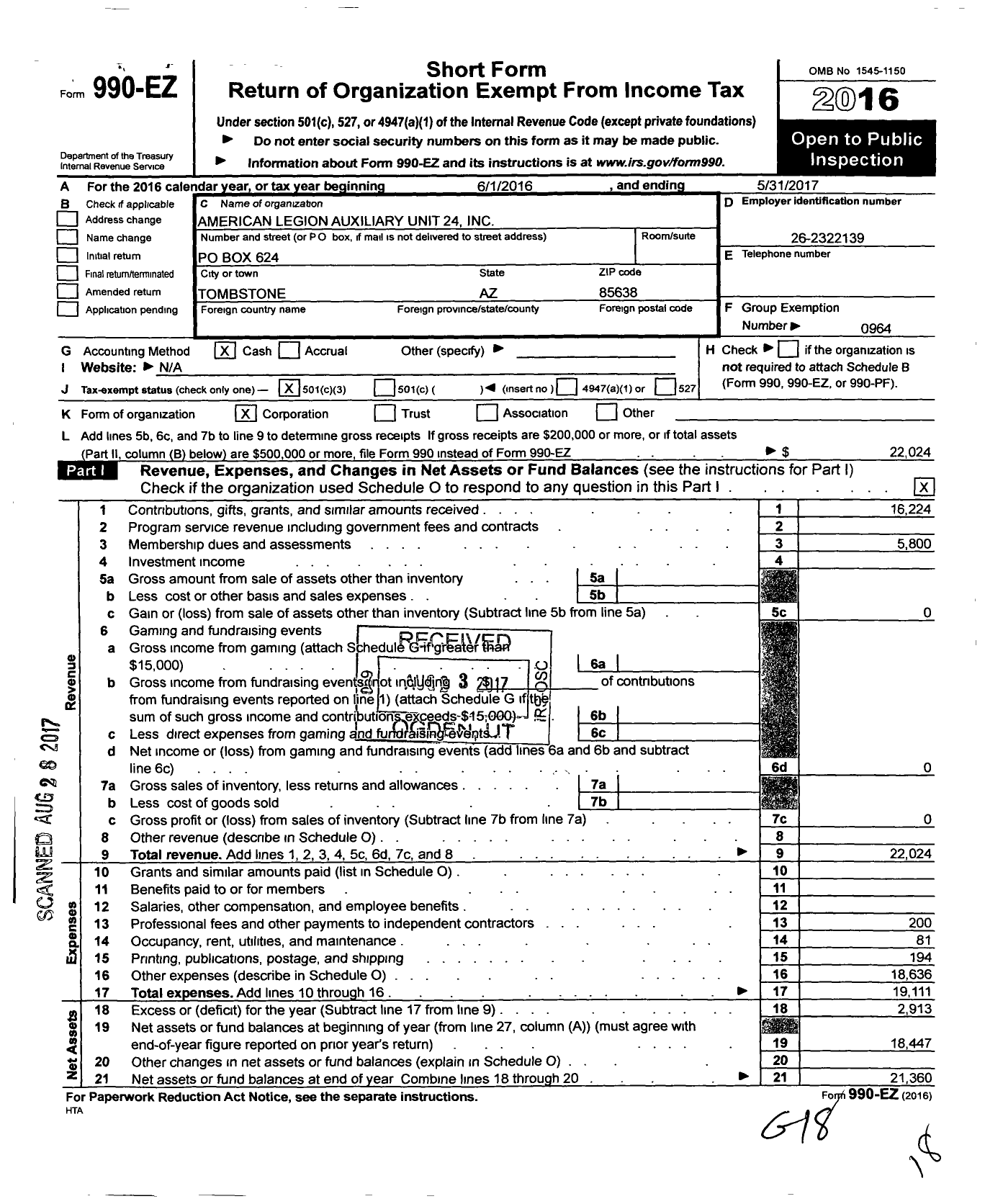 Image of first page of 2016 Form 990EZ for American Legion Auxiliary - 24 Roy Fourr