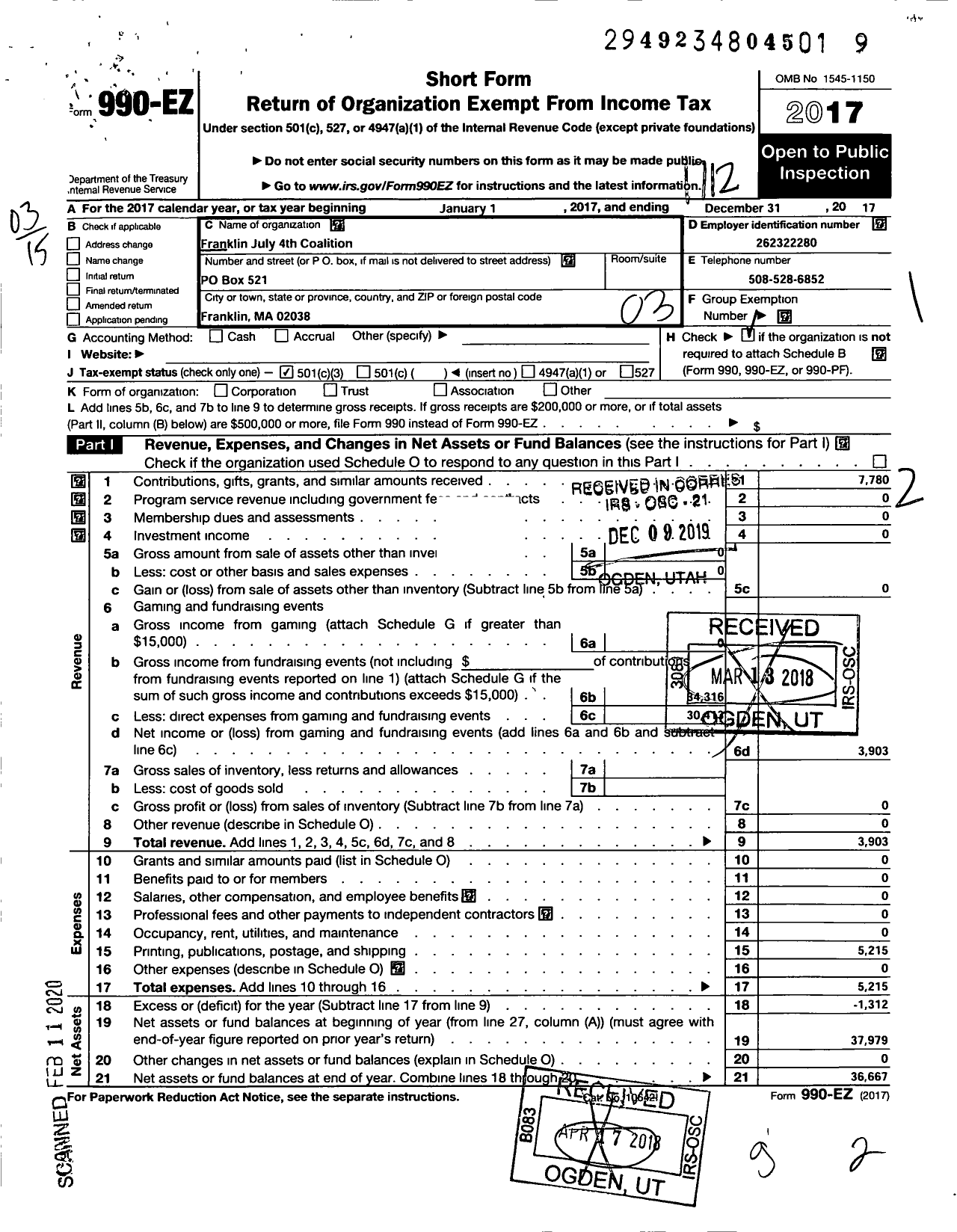 Image of first page of 2017 Form 990EZ for Franklin July 4th Coalition