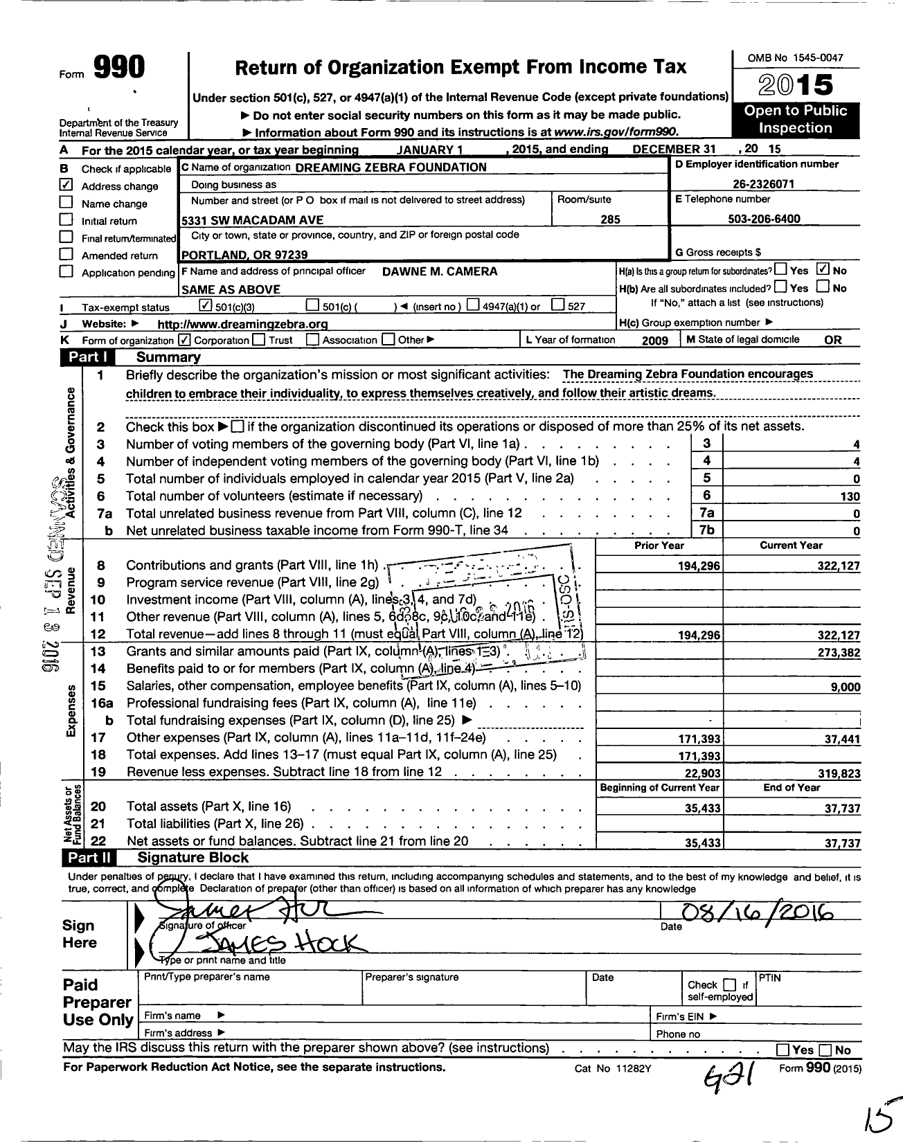 Image of first page of 2015 Form 990 for Dreaming Zebra Foundation