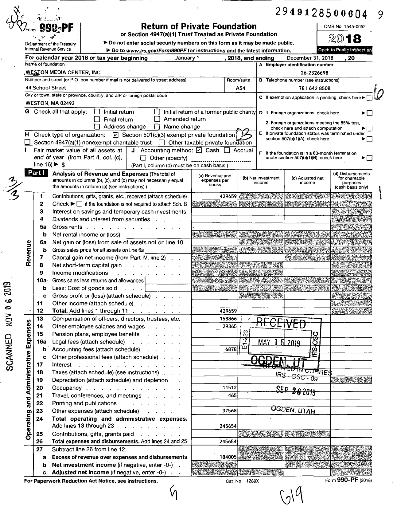 Image of first page of 2018 Form 990PF for Weston Media Center