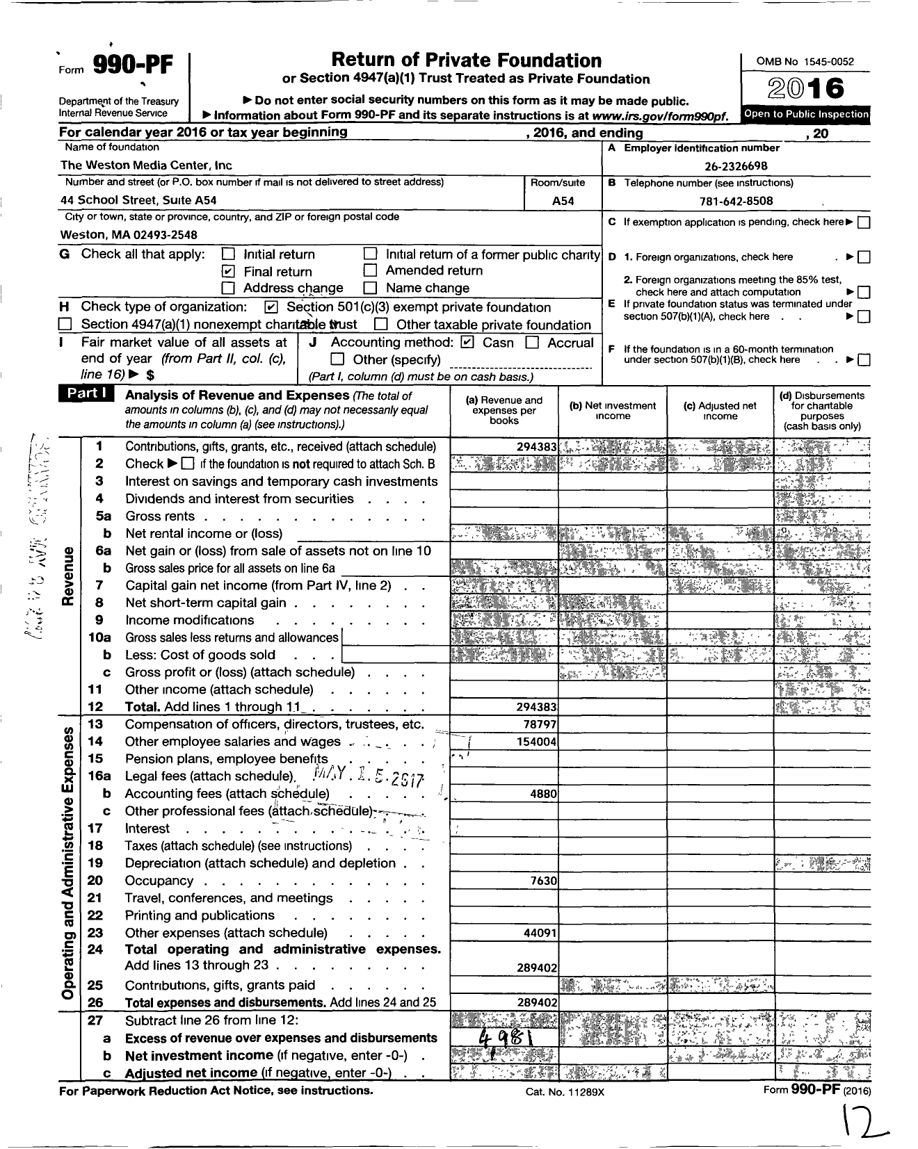 Image of first page of 2016 Form 990PF for Weston Media Center