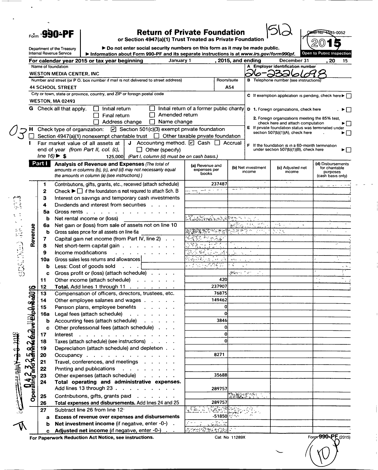 Image of first page of 2015 Form 990PF for Weston Media Center