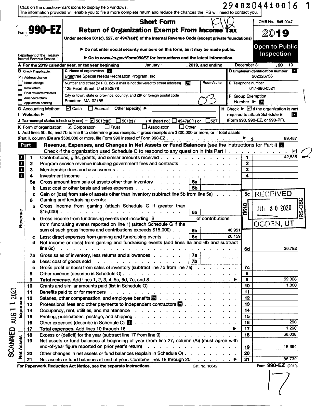 Image of first page of 2019 Form 990EZ for Braintree Special Needs Recreation Program