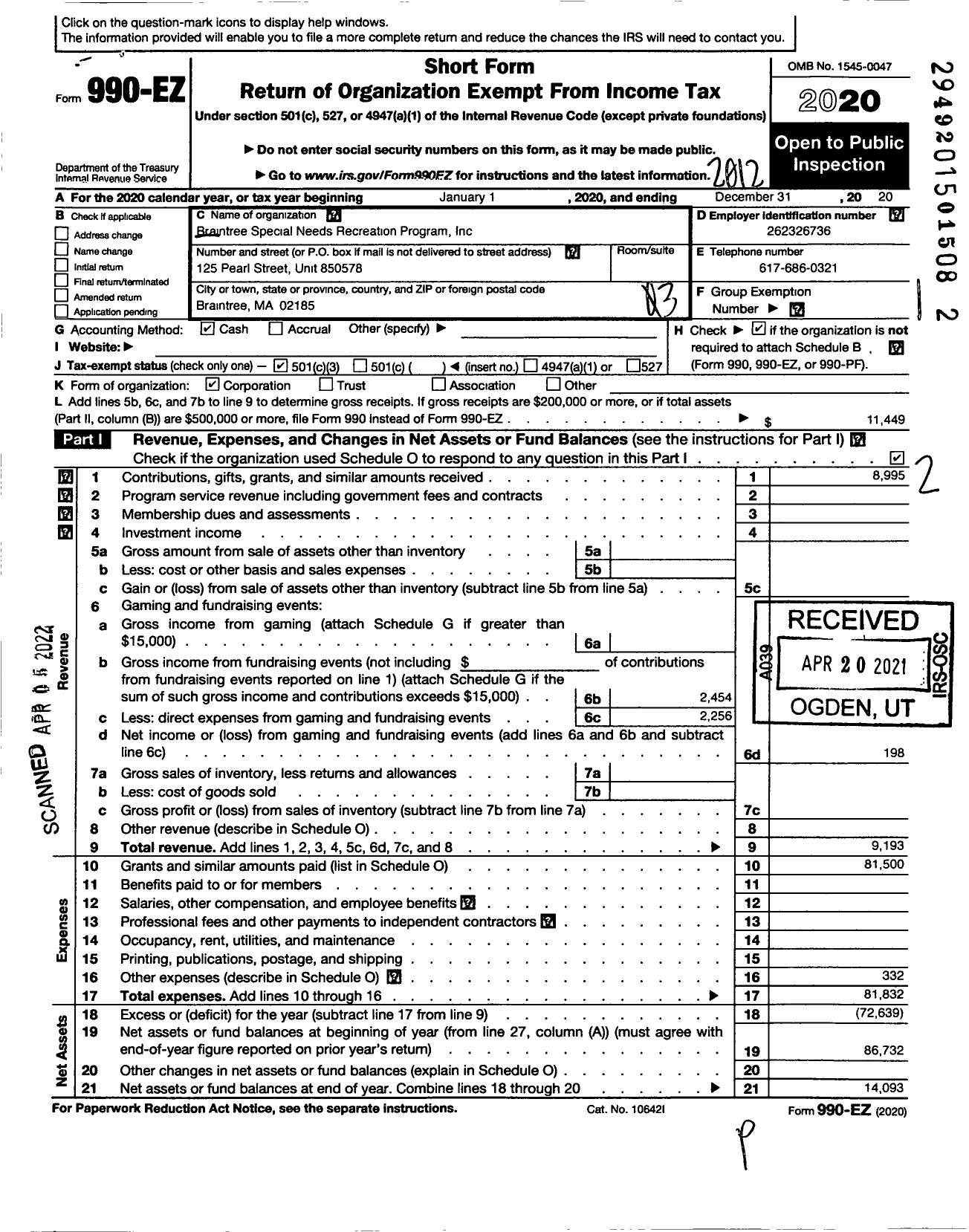 Image of first page of 2020 Form 990EZ for Braintree Special Needs Recreation Program