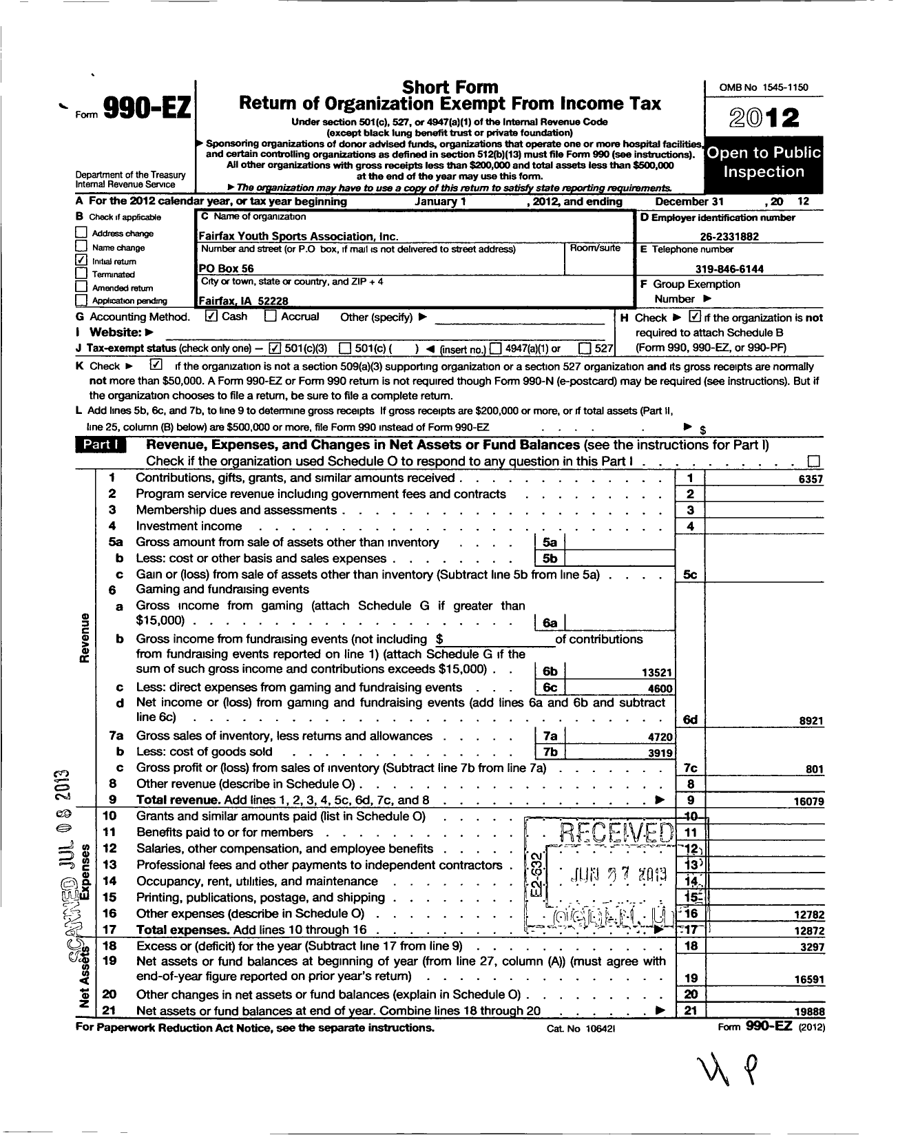 Image of first page of 2012 Form 990EZ for Fairfax Youth Sports Association