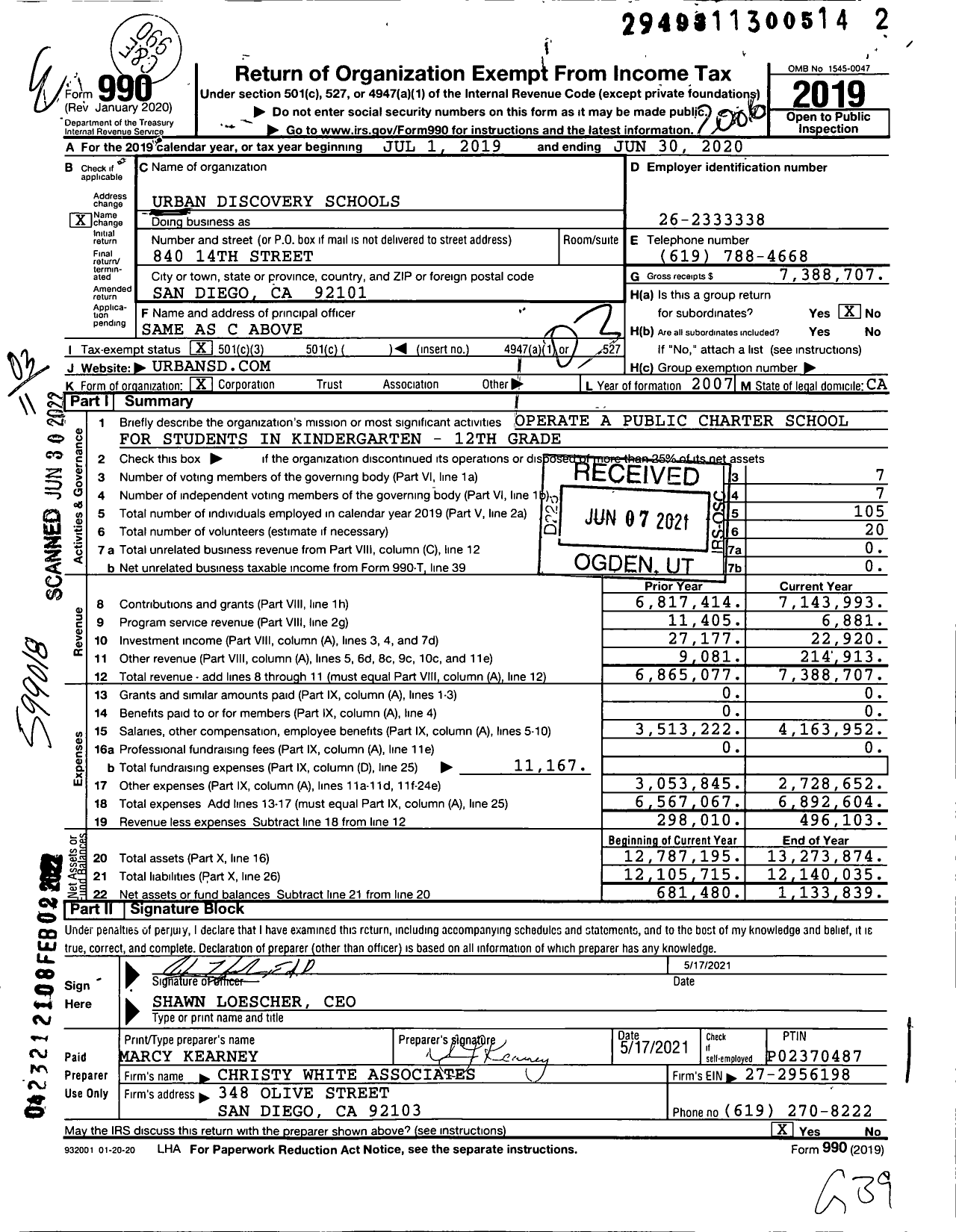 Image of first page of 2019 Form 990 for Urban Discovery Schools