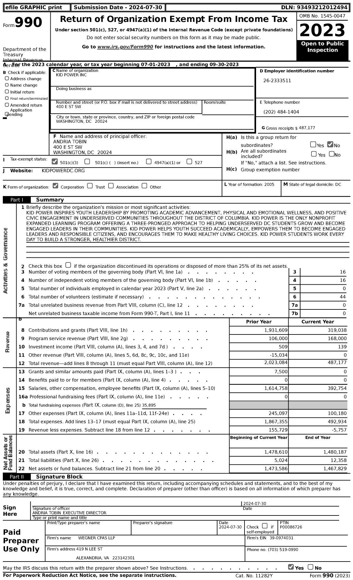 Image of first page of 2022 Form 990 for Kid Power