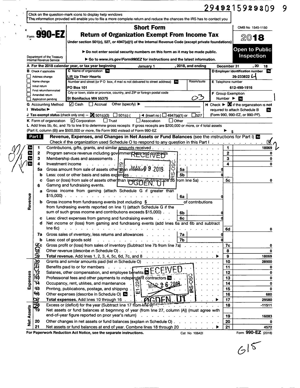 Image of first page of 2018 Form 990EZ for Lift Up Their Hearts