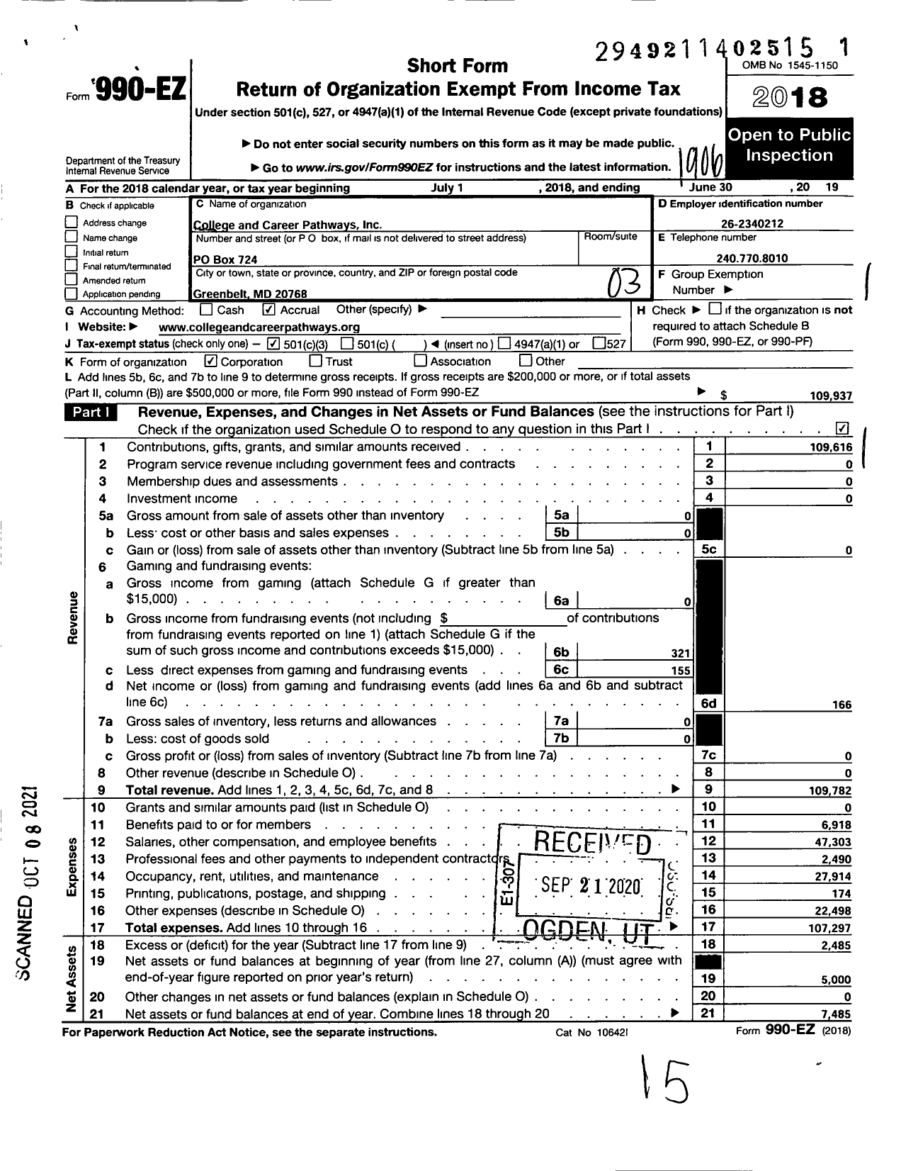 Image of first page of 2018 Form 990EZ for College and Career Pathways