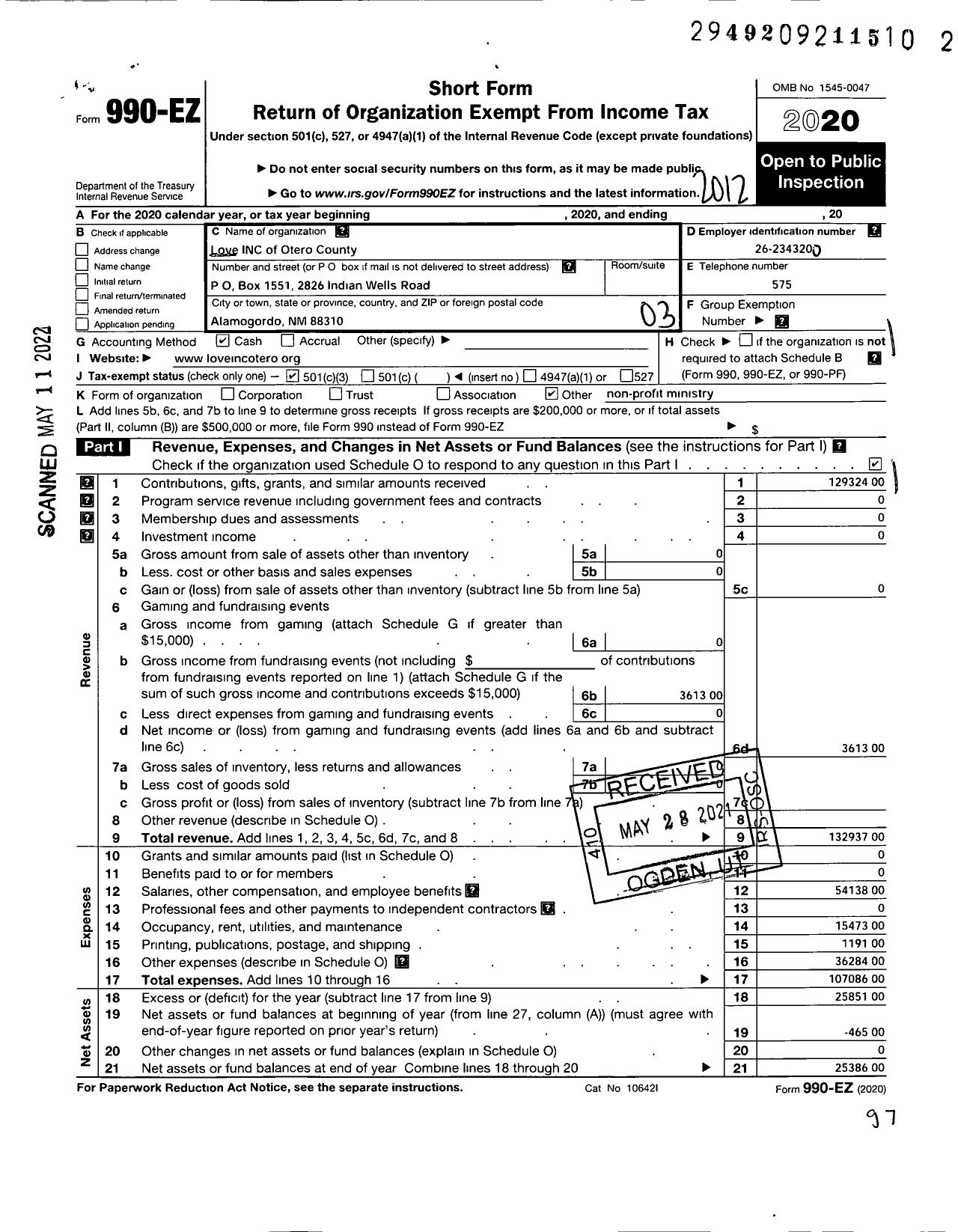 Image of first page of 2020 Form 990EZ for Love of Otero County