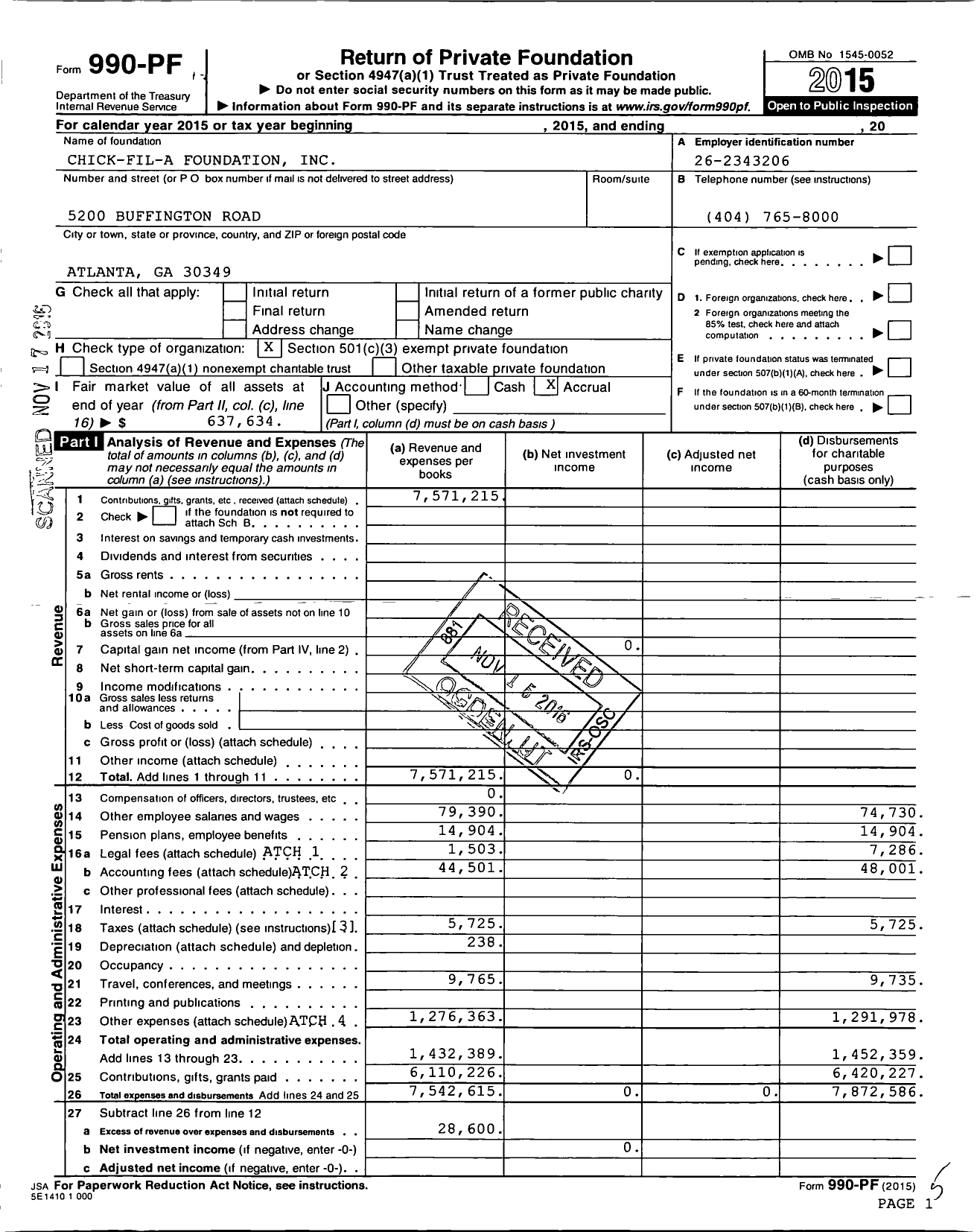 Image of first page of 2015 Form 990PF for Chick-fil-A Foundation