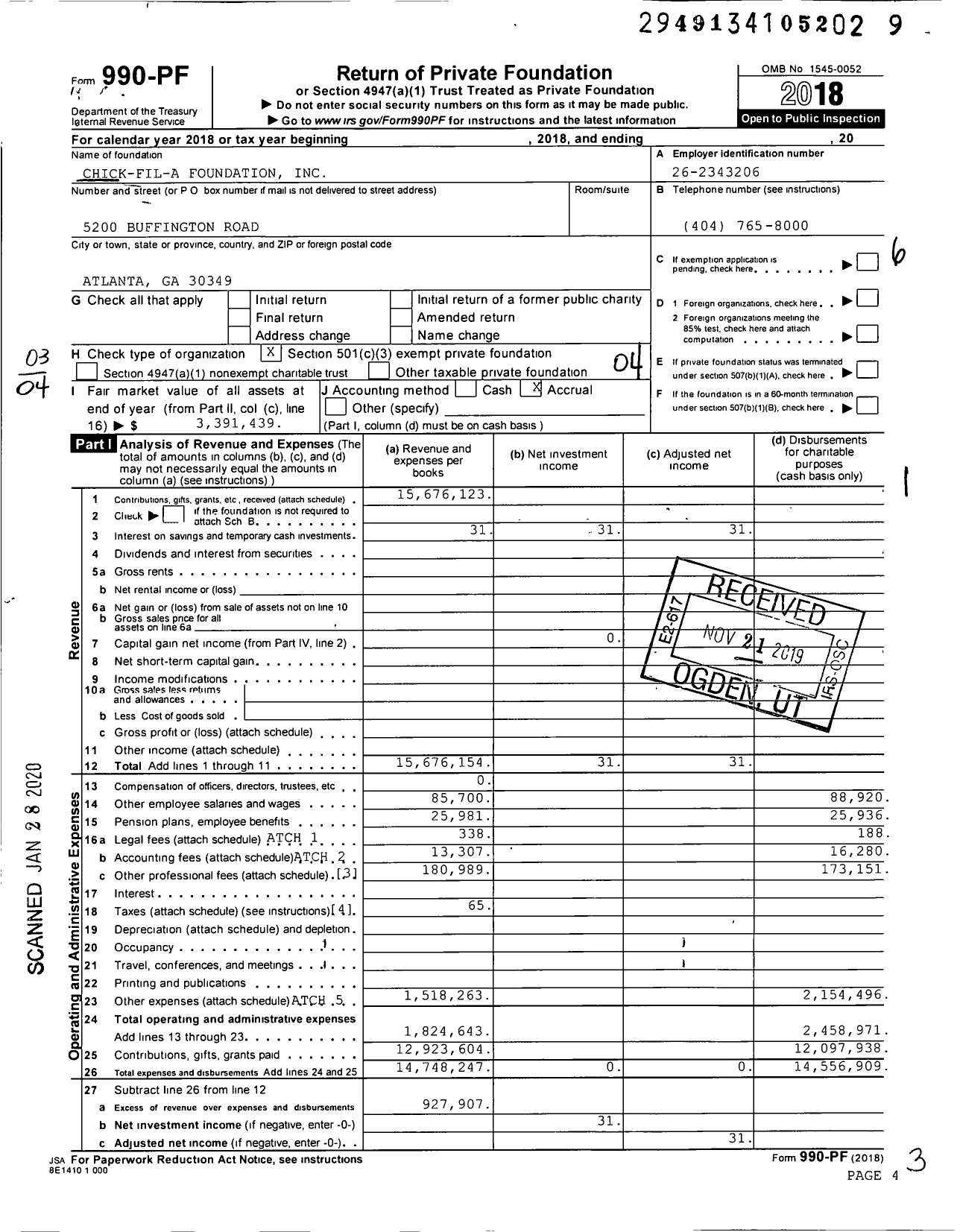 Image of first page of 2018 Form 990PF for Chick-fil-A Foundation