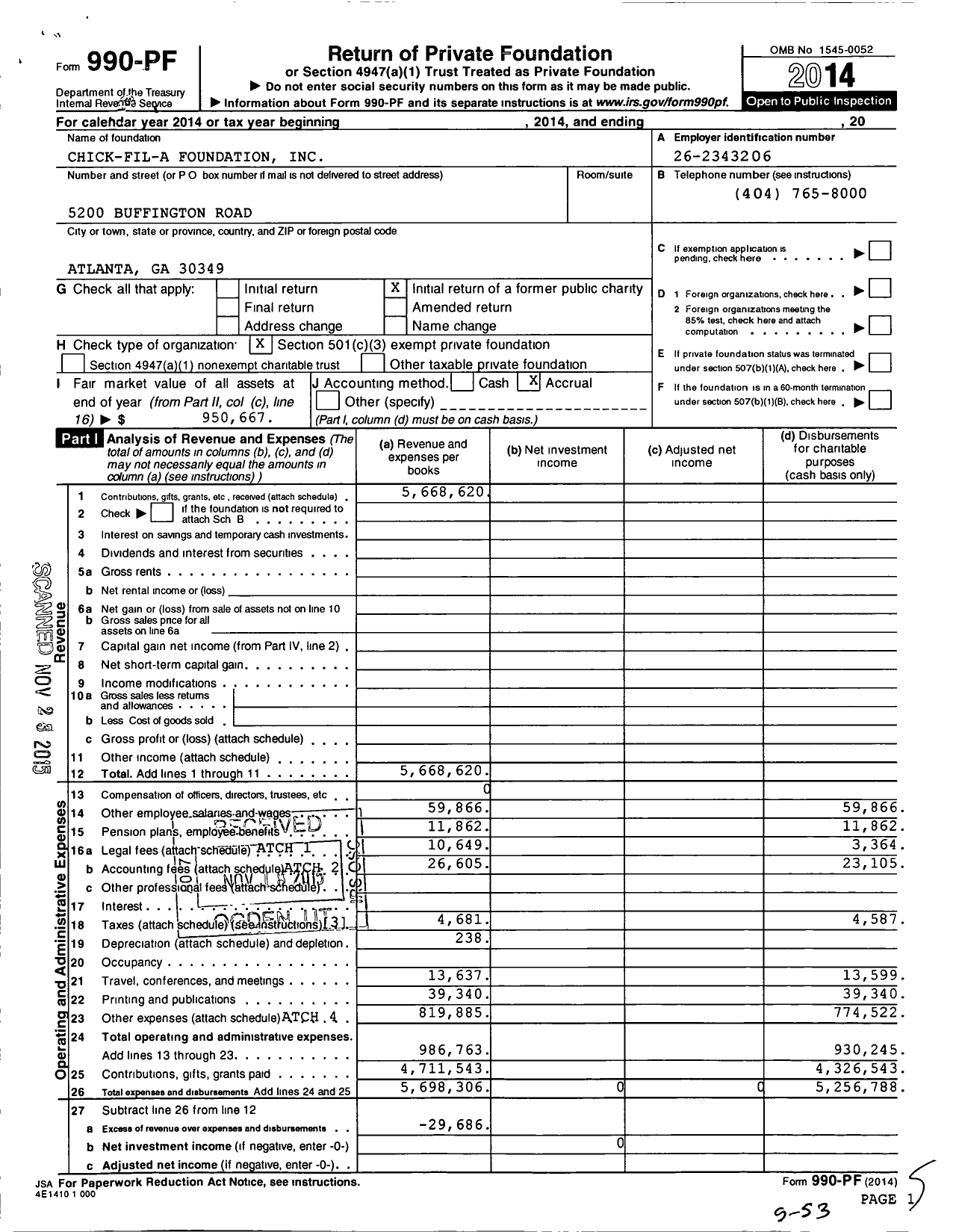 Image of first page of 2014 Form 990PF for Chick-fil-A Foundation