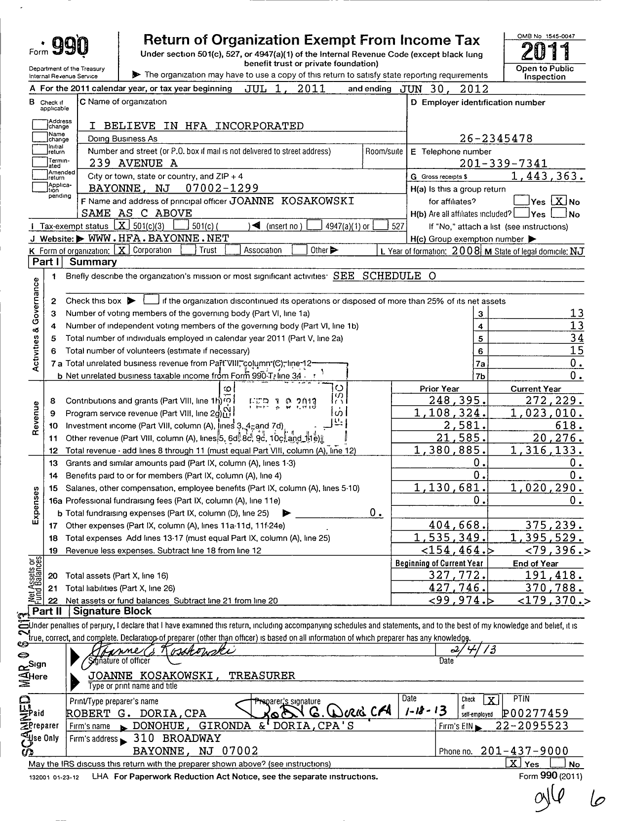 Image of first page of 2011 Form 990 for I Believe in Hfa