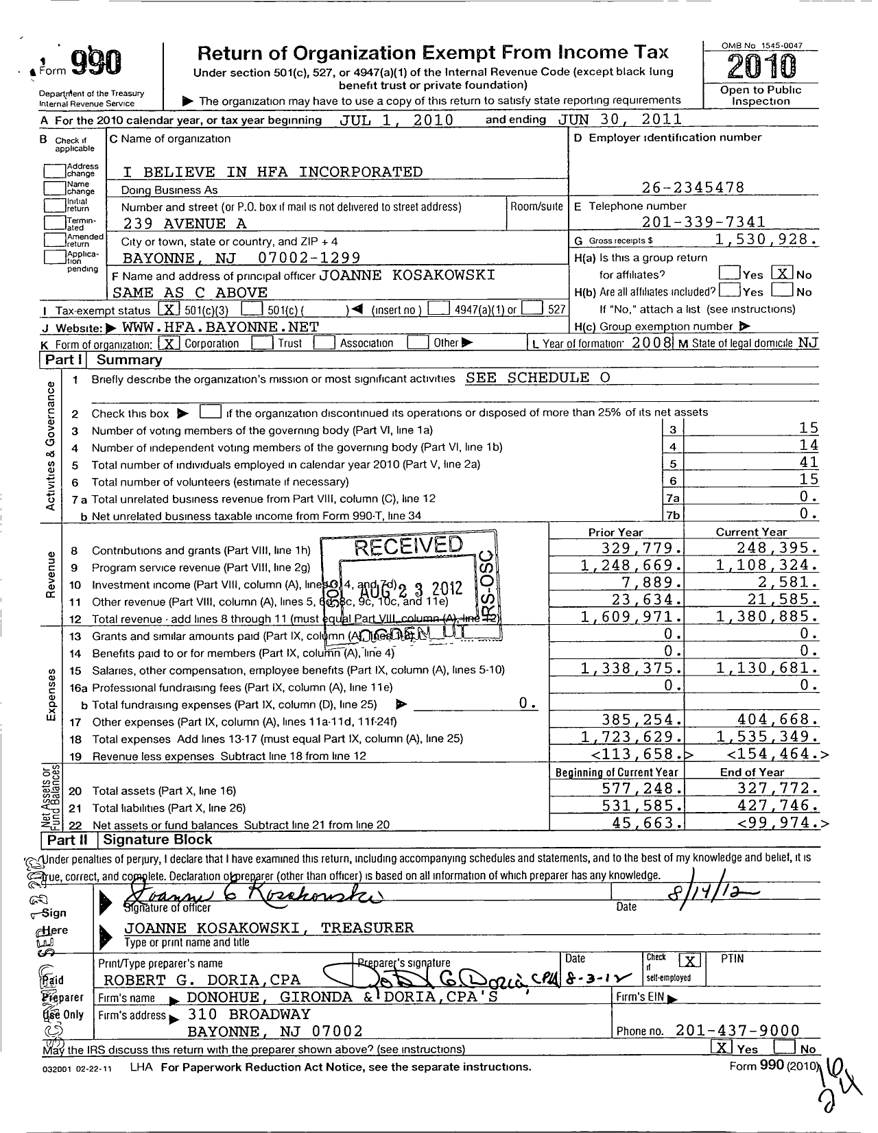 Image of first page of 2010 Form 990 for I Believe in Hfa
