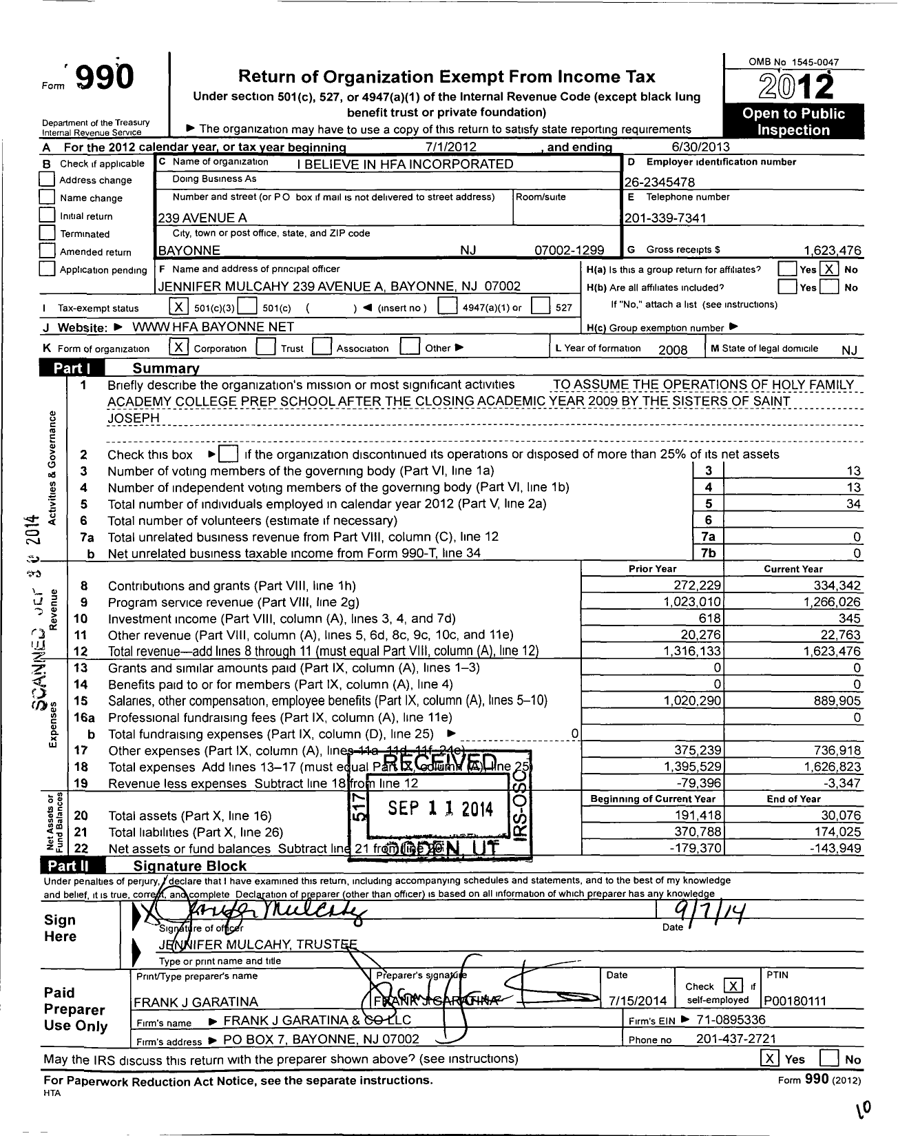 Image of first page of 2012 Form 990 for I Believe in Hfa