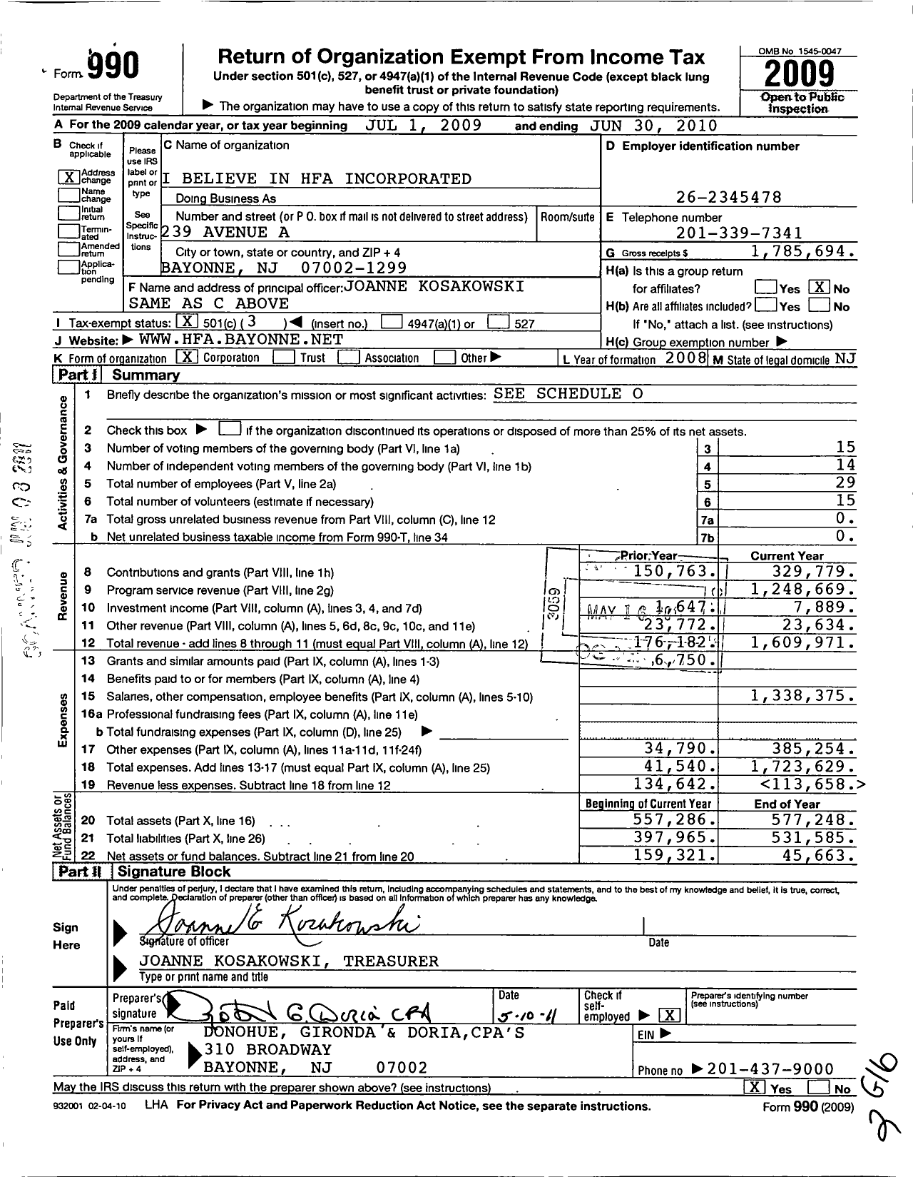 Image of first page of 2009 Form 990 for I Believe in Hfa