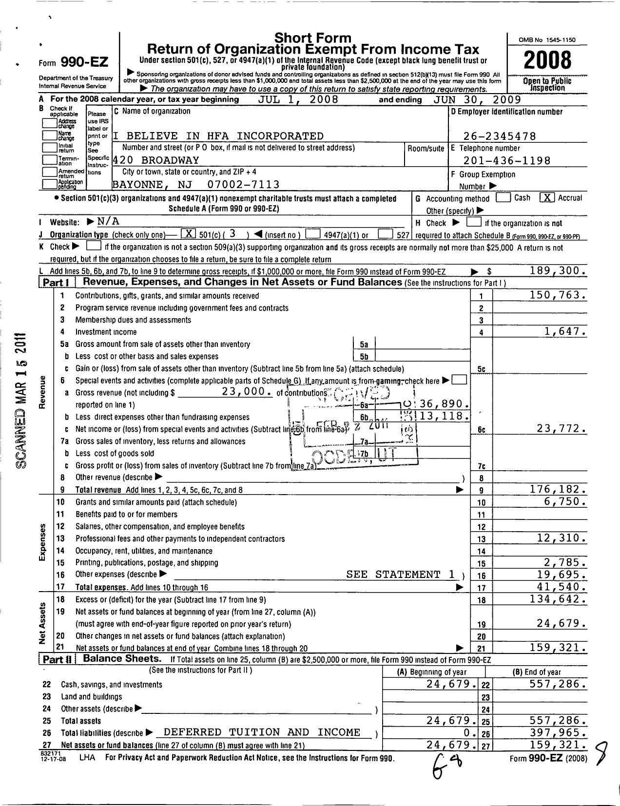 Image of first page of 2008 Form 990EZ for I Believe in Hfa