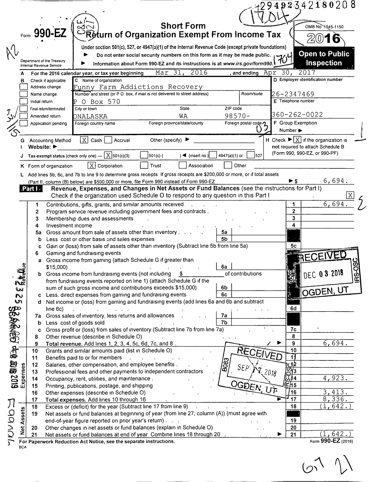 Image of first page of 2016 Form 990EZ for Funny Farm Addictions Recovery Foundation