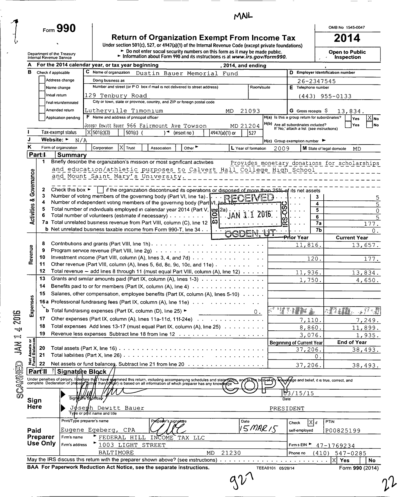 Image of first page of 2014 Form 990 for Dustin Bauer Memorial Fund