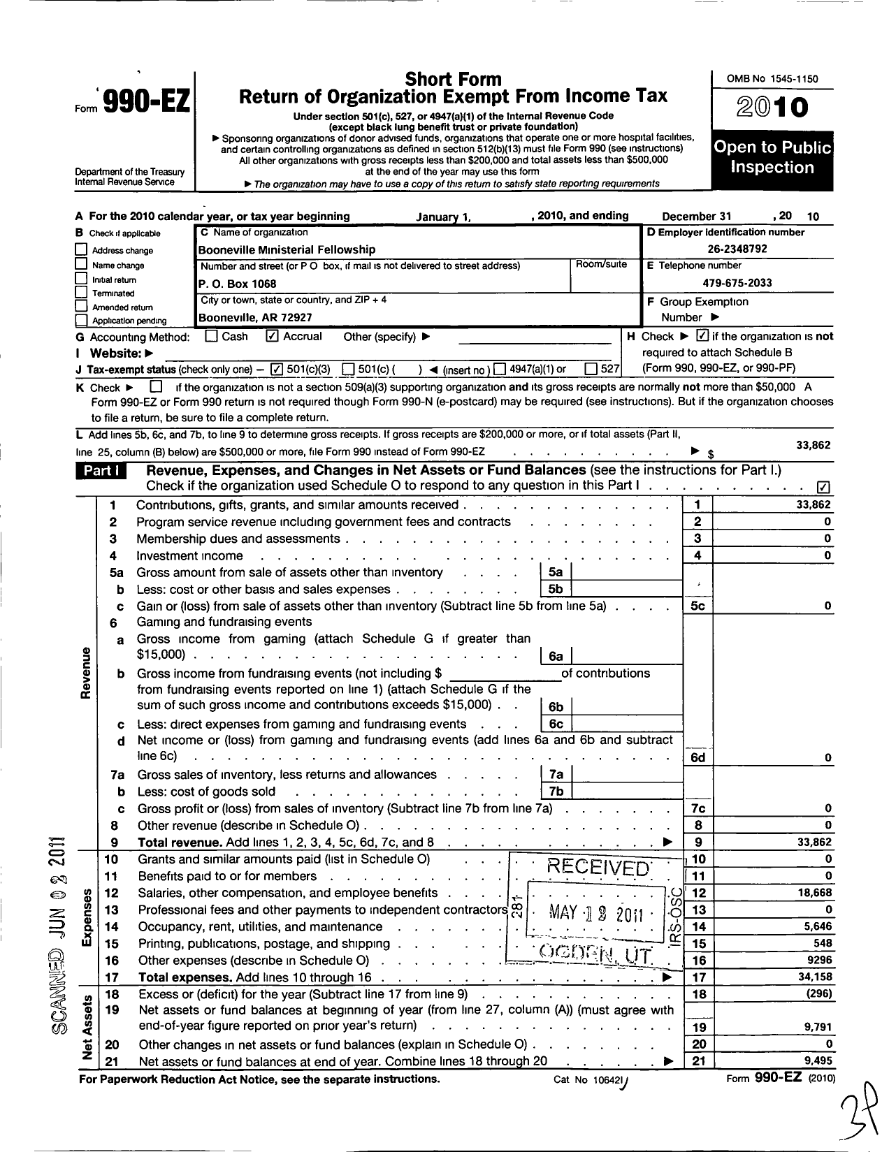 Image of first page of 2010 Form 990EZ for Booneville Ministerial Fellowship