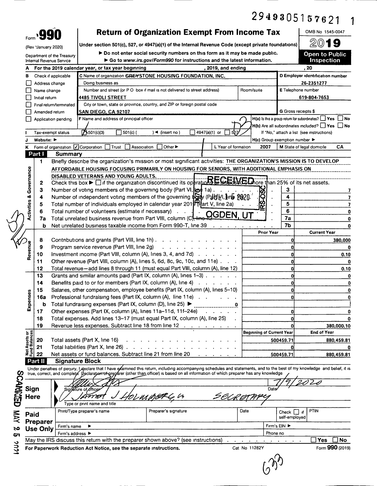 Image of first page of 2019 Form 990 for Greystone Housing Foundation