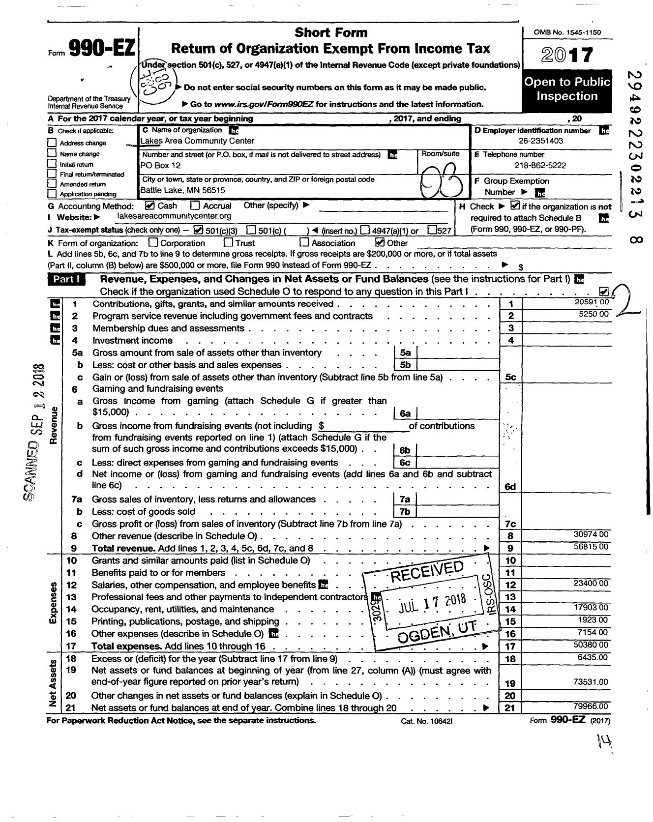 Image of first page of 2017 Form 990EZ for Lakes Area Community Center