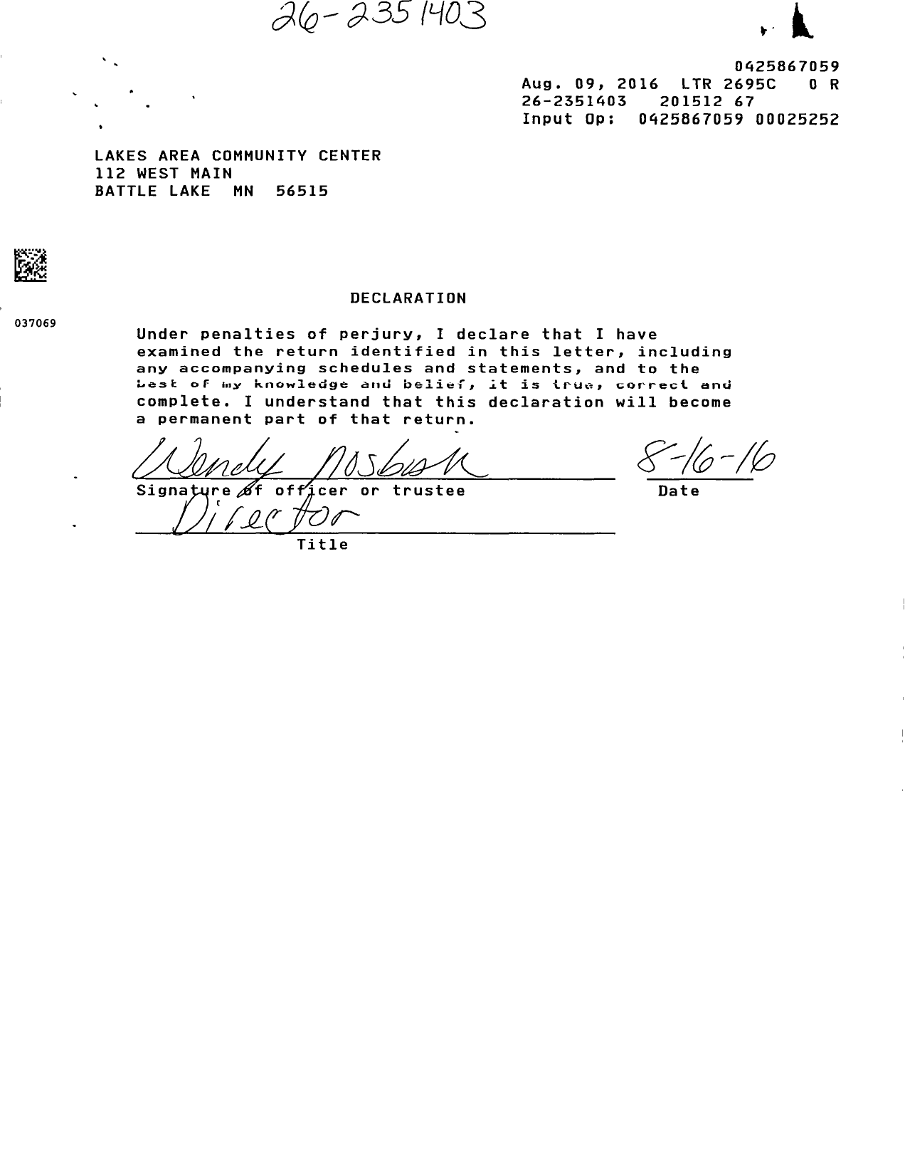 Image of first page of 2015 Form 990ER for Lakes Area Community Center