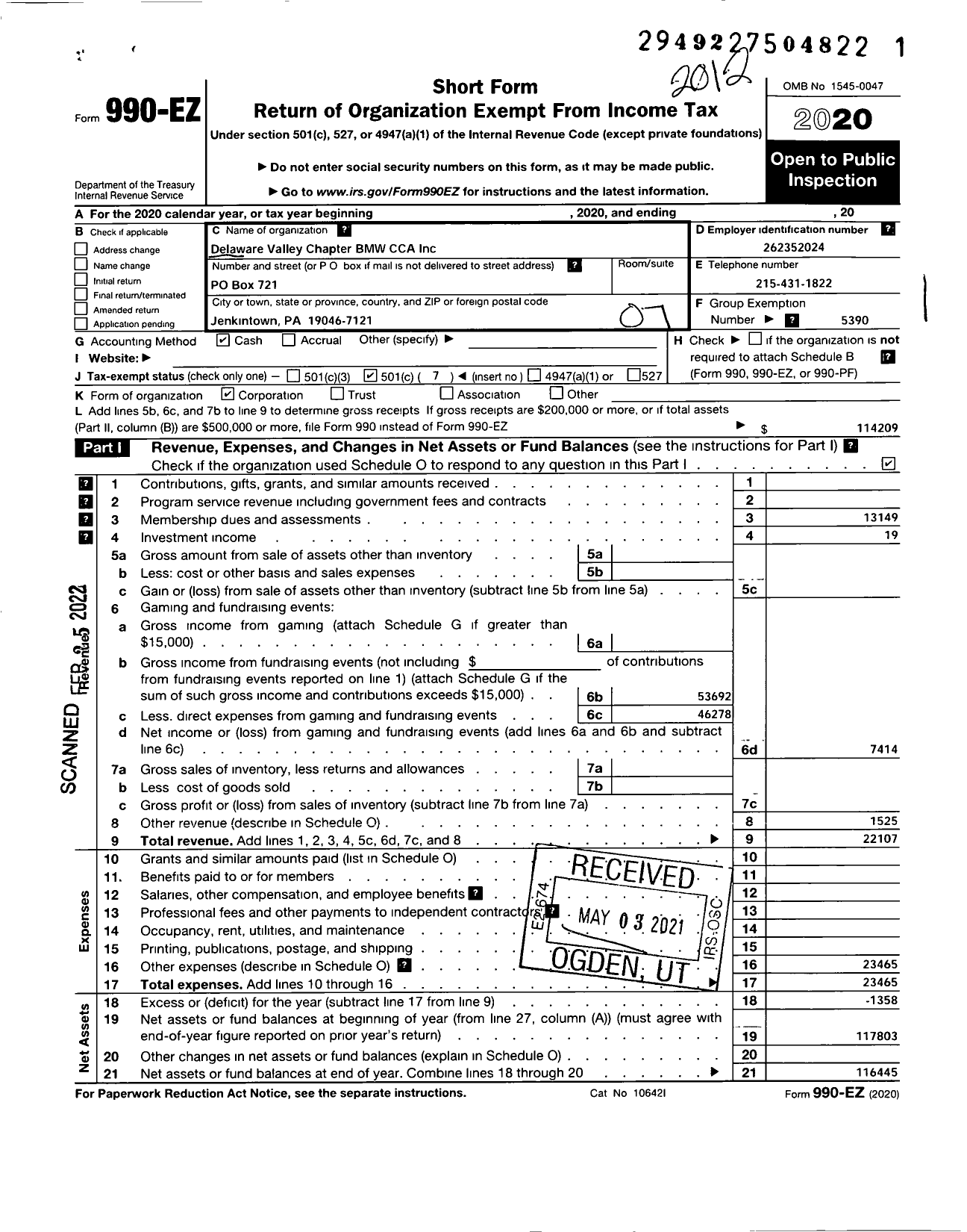 Image of first page of 2020 Form 990EO for Delaware Valley Chapter BMW CCA