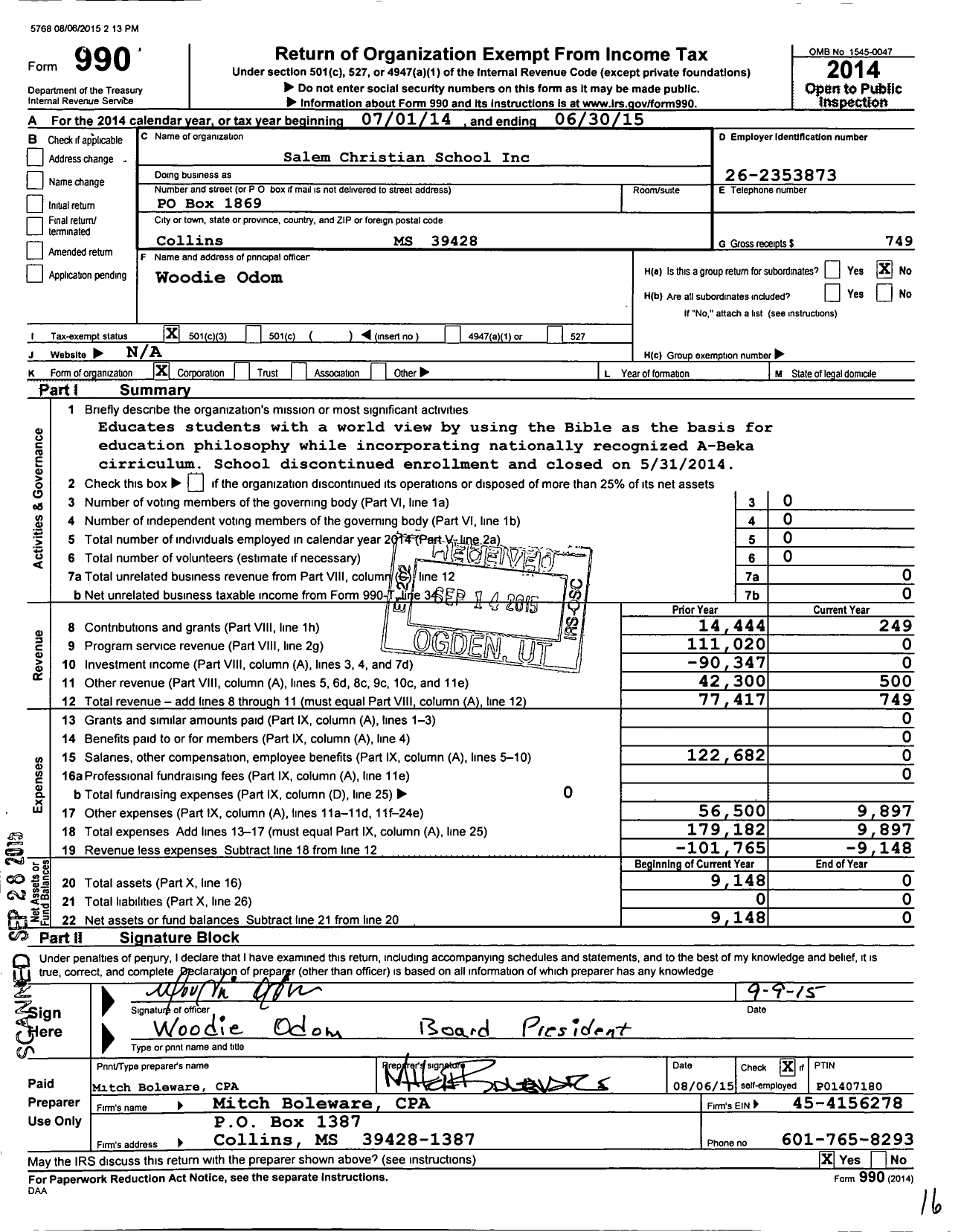 Image of first page of 2014 Form 990 for Salem Christian School