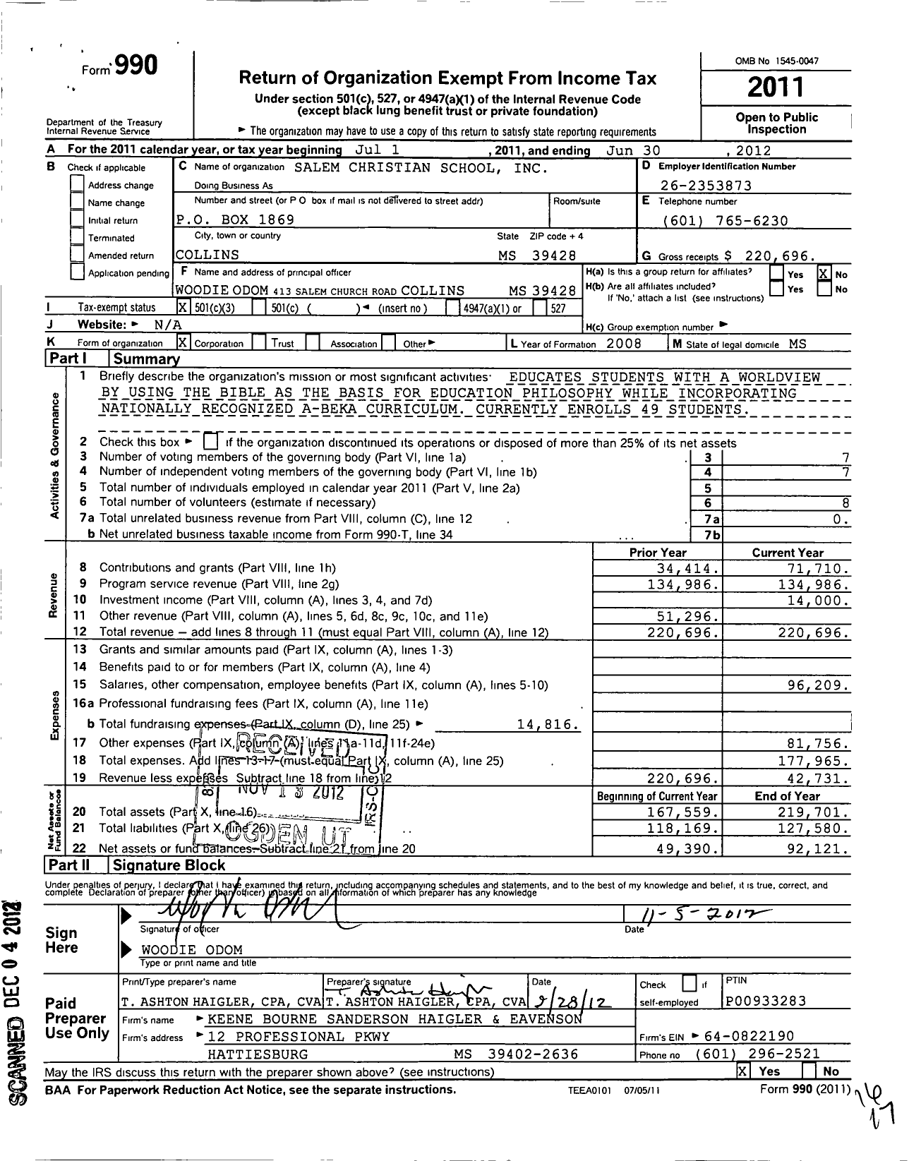 Image of first page of 2011 Form 990 for Salem Christian School