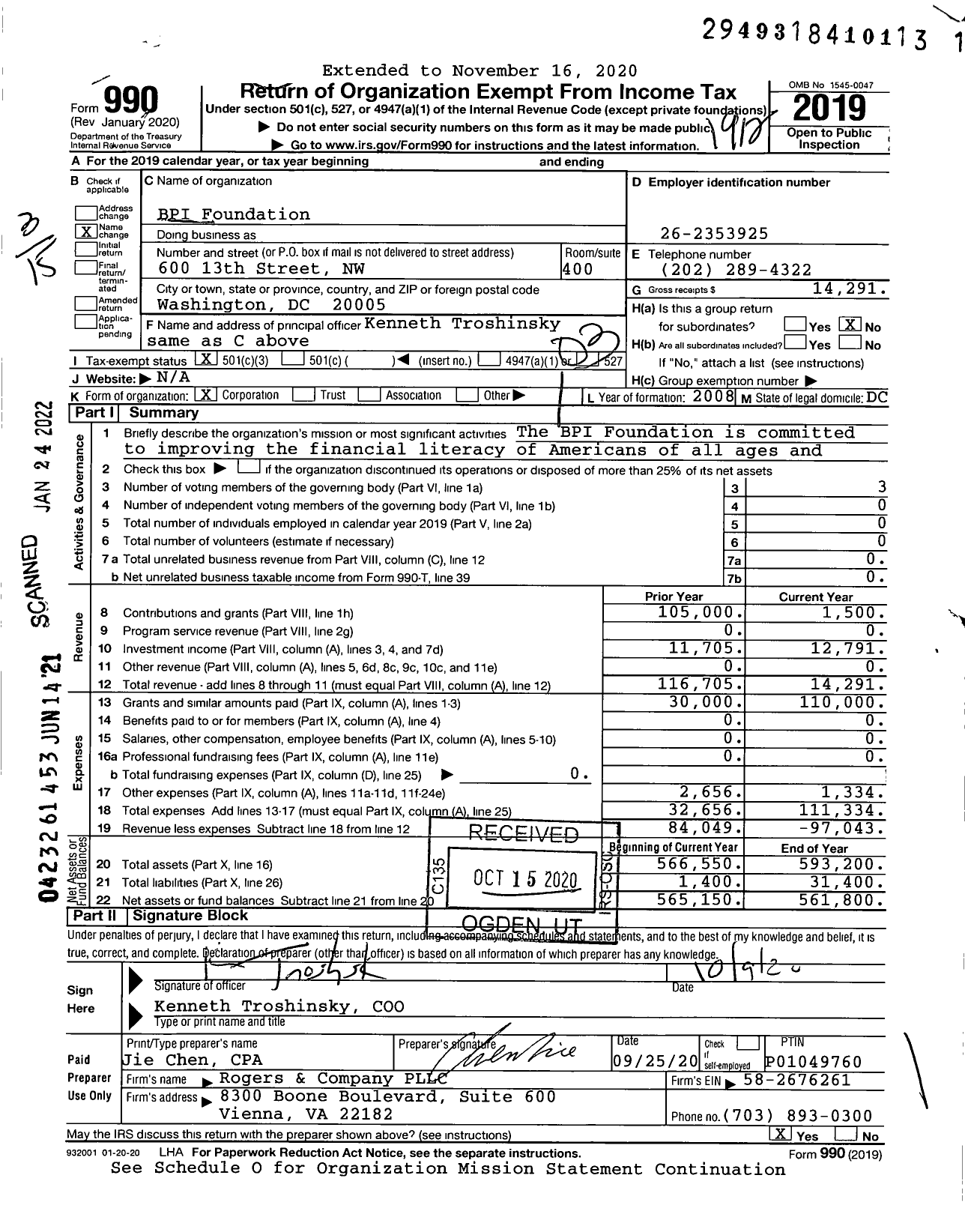 Image of first page of 2019 Form 990 for BPI Foundation