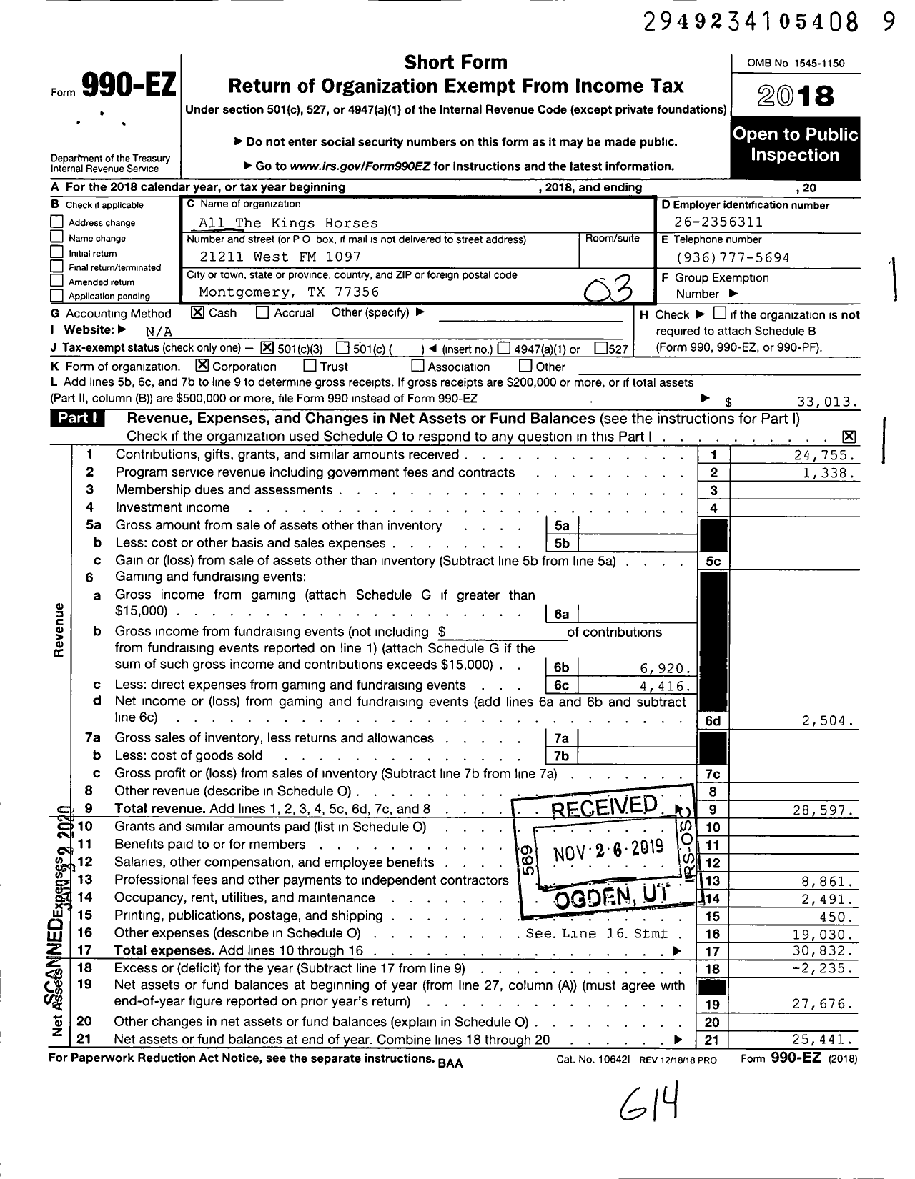 Image of first page of 2018 Form 990EZ for All The Kings Horses