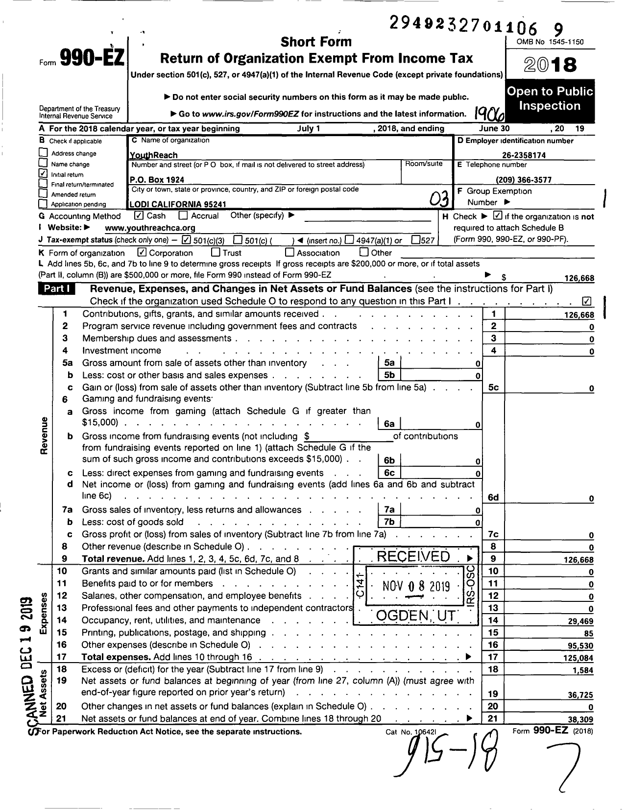 Image of first page of 2018 Form 990EZ for Youthreach