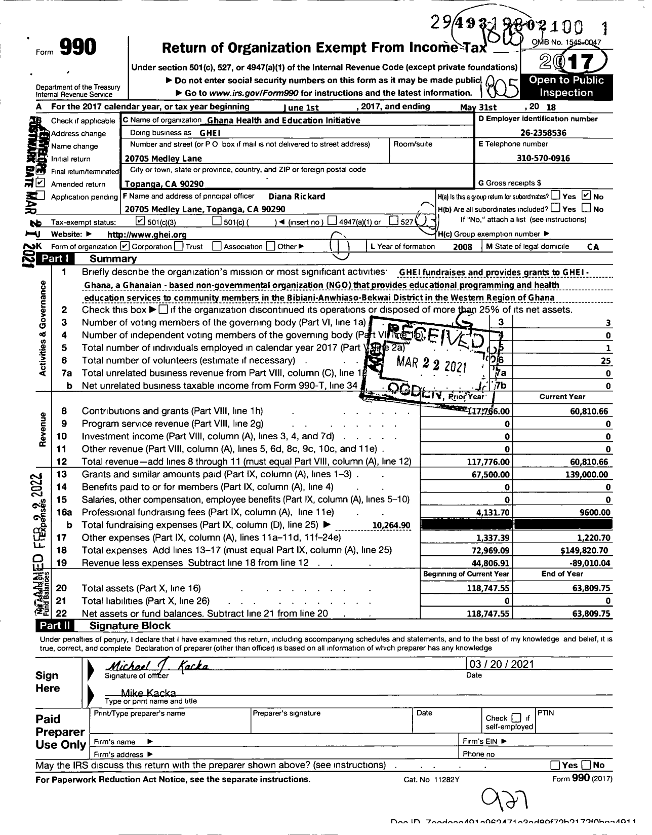 Image of first page of 2017 Form 990 for Ghana Health and Education Initiative (GHEI)