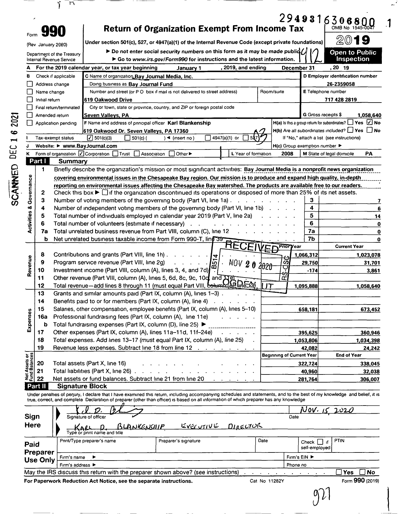 Image of first page of 2019 Form 990 for Bay Journal Fund