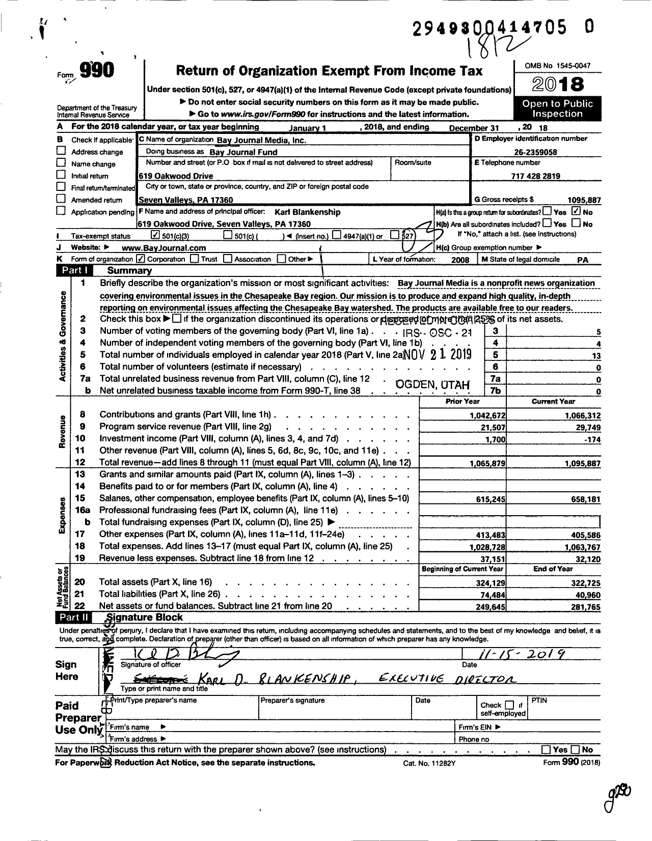 Image of first page of 2018 Form 990 for Bay Journal Fund